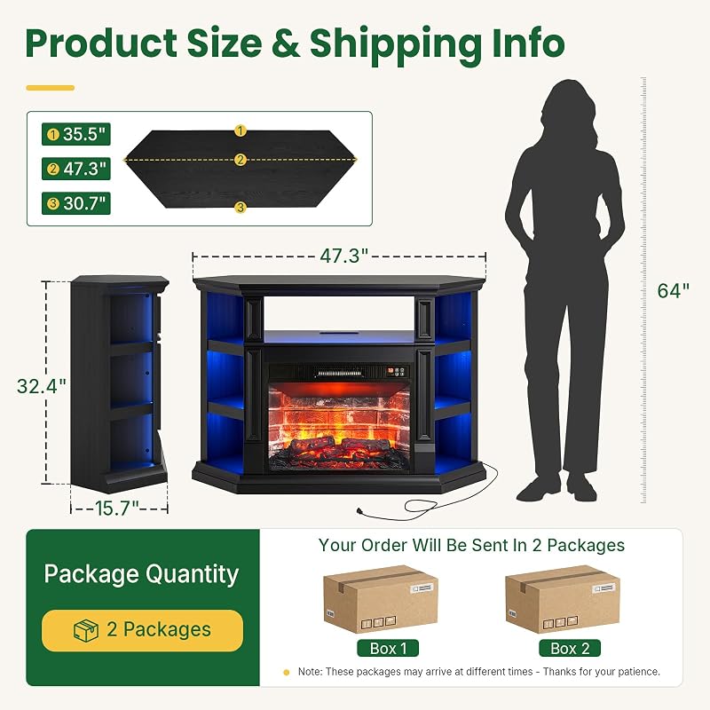 Naice 47" Corner Fireplace TV Stand for 55-Inch TVs with Storage, Black image 2