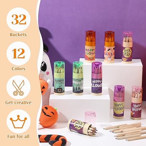 Miniatura 10 de Fumete Paquete de 32 mini lápices de colores de Navidad a granel con sacapuntas en tubo de dibujo, lápices de colores para niños, lápices de