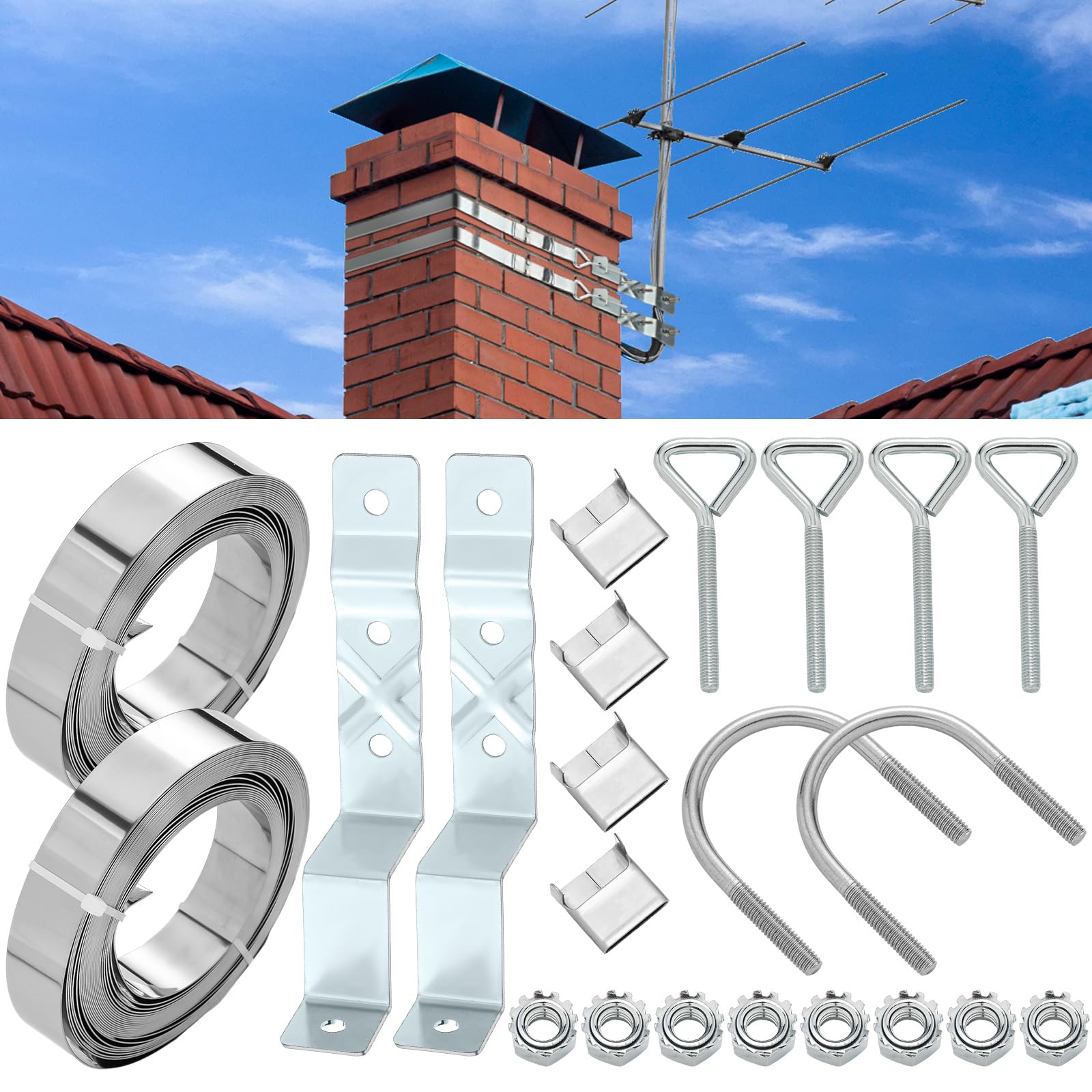 Blulu Z-Type Chimney Antenna Mounts Kits with 12 ft Adjustable Heavy Duty Galvanized Steel Straps & Hardware, Stainless Steel TV Antenna Mast Bracket for Chimney up to 12 Feet in Diameter