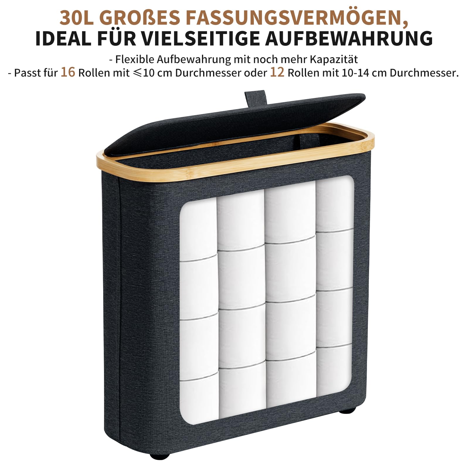 30L Toilettenpapier Aufbewahrungskorb, Klopapier Aufbewahrung Box aus Bambus, Faltbarer Badezimmer Organizer für 12-16 WC Rollen, mit Griffen, für Bad und Haushalt Dunkelgrau