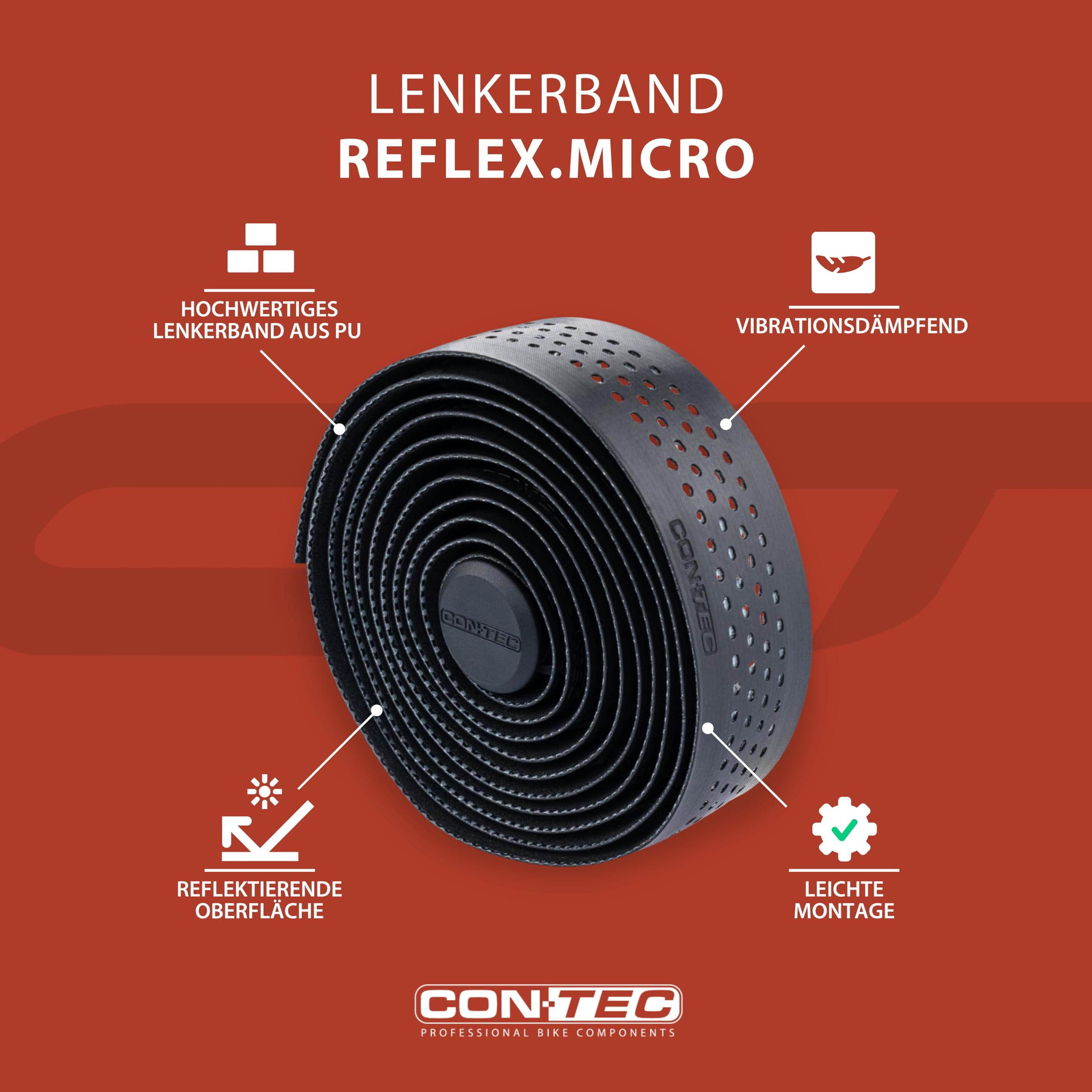 CONTEC Lenkerband Reflex.Micro, 2000x30x2,5 mm, aus Polyurethan und Schaummatrix, selbstklebend und rutschsicher, mit Klebestreifen und 2 Lenkerstopfen, Paar, schwarz reflektierend