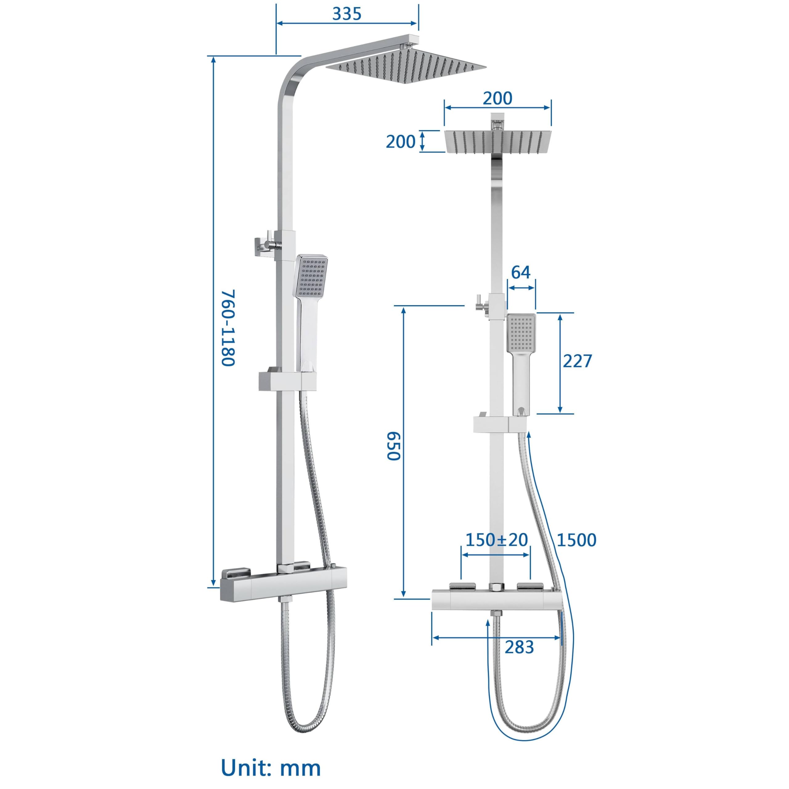 Sistema de columna de ducha termostática con mezclador termostático, ducha de mano cuadrada y ducha con cabezal, columna de ducha ajustable en altura 760-1180mm,cromado (cuadrado1)