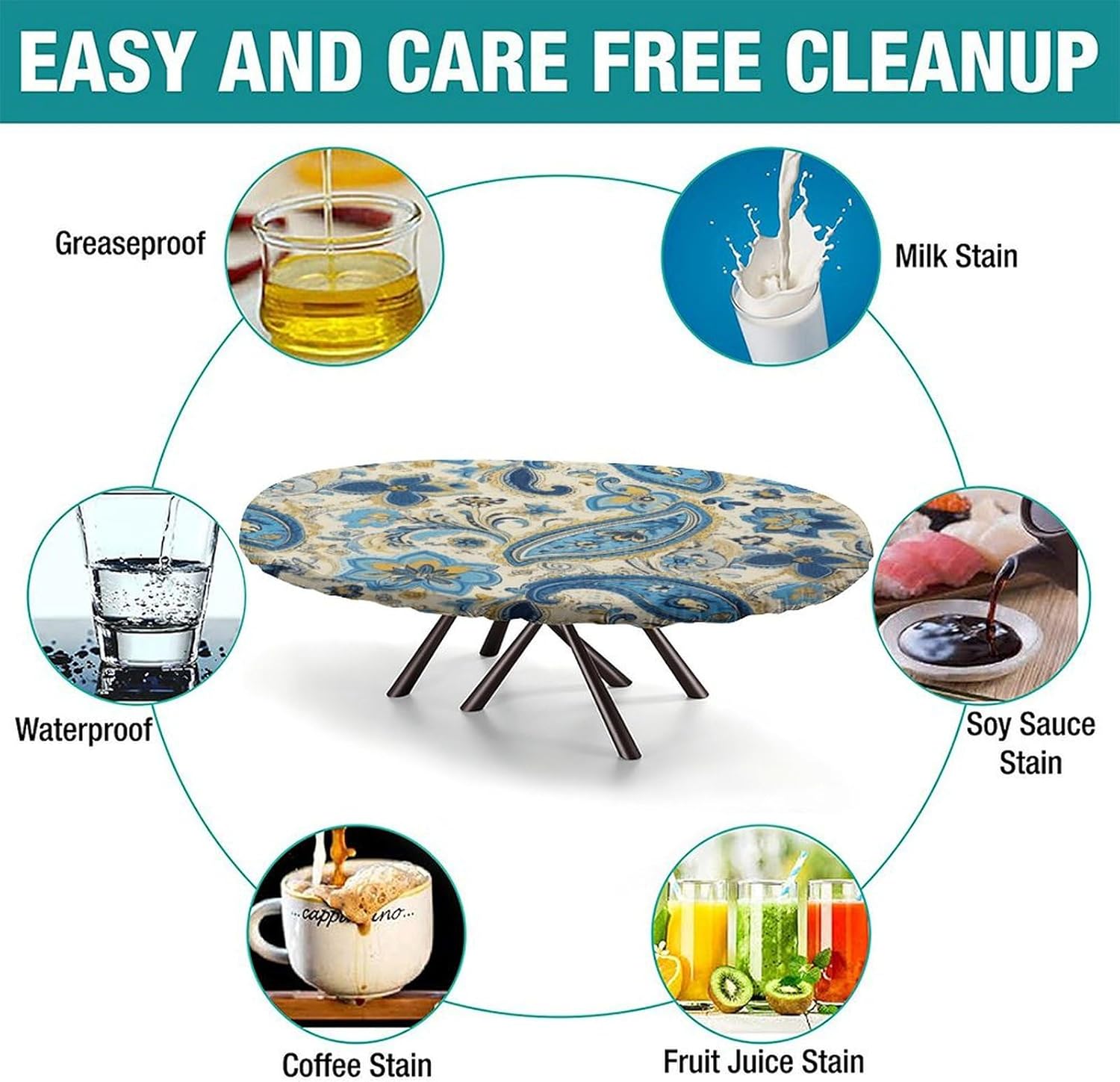 Flower Blue Print Oval Tablecloths Waterproof & Stain Resistant Elastic Tablecloth for Oval Table Table Cloth Oval for Dining/Party/Buffet/Wedding Fits for 52 x 70 Oval Table