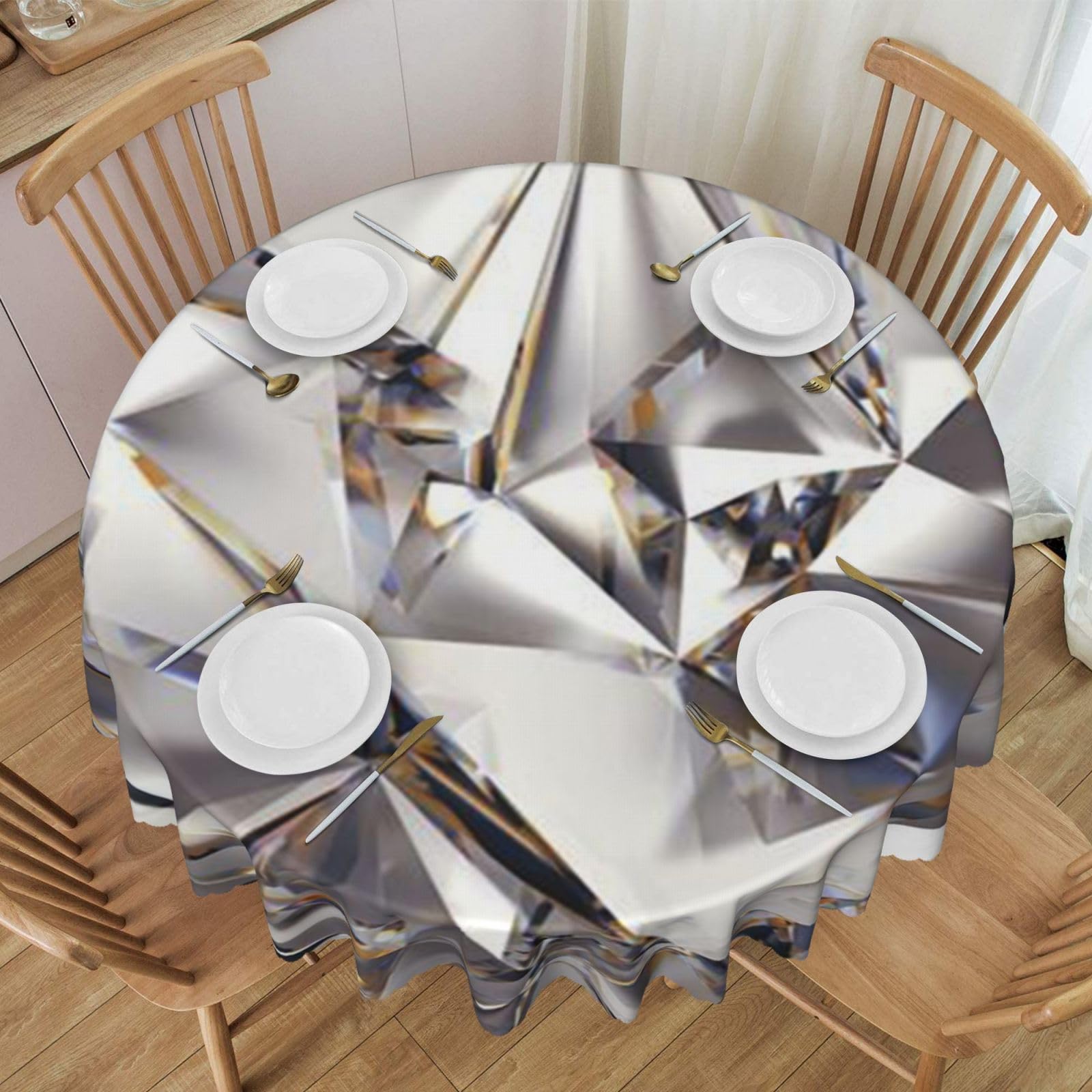 DCEHGEW 60 In Round Tablecloth with Lace, Glitter Abstract Diamond Crystal Pattern Printed Oilproof & Washable Fabric Picnic Table Cloth Table Covers