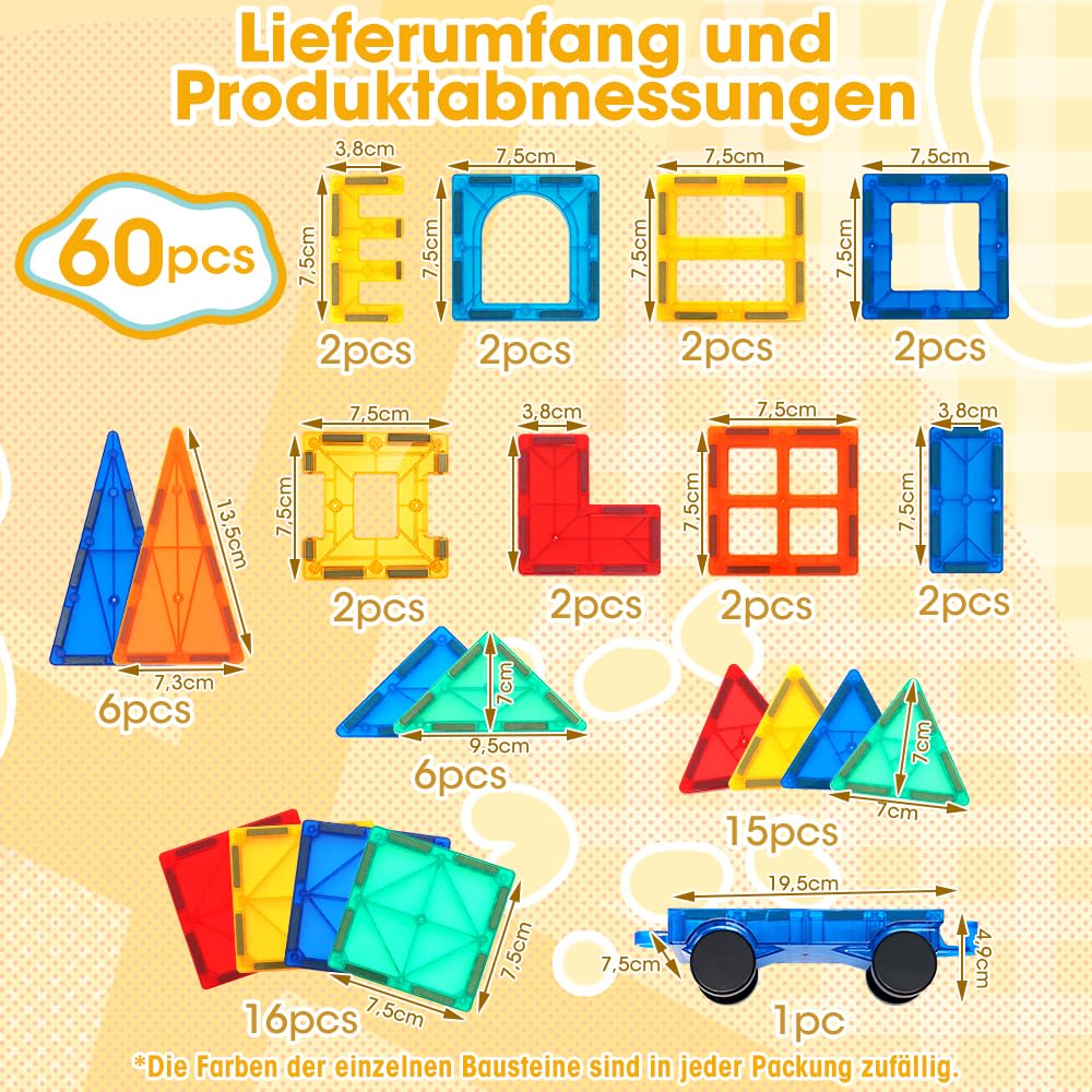Playpals Magnetische Bausteine 60 Teile mit Auto für Kinder ab 3 Jahren