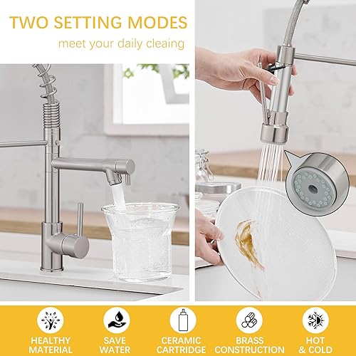 Miniatura 3 de BESy Grifo de cocina con rociador extraíble, mango único de arco alto, resorte de una sola palanca, grifo de fregadero de cocina con rociador