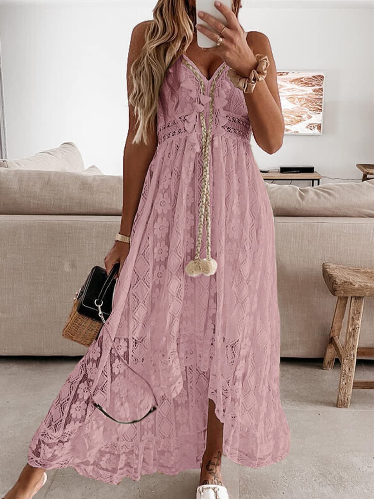 CUPSHE Abito estivo da donna Boho maxi con lacci e nappe con scollo a V svasato con volant Abiti da spiaggia bianchi