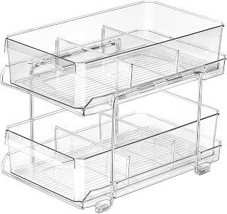 NOSTHEART 2 Tier Under Sink Storage Kitchen Fridge Organizers Slide-Out Bathroom Cabinet Storage with Dividers Snack Organization for Pantry Countertop Acrylic Drawers Medicine Bins Clear (ACOR2)