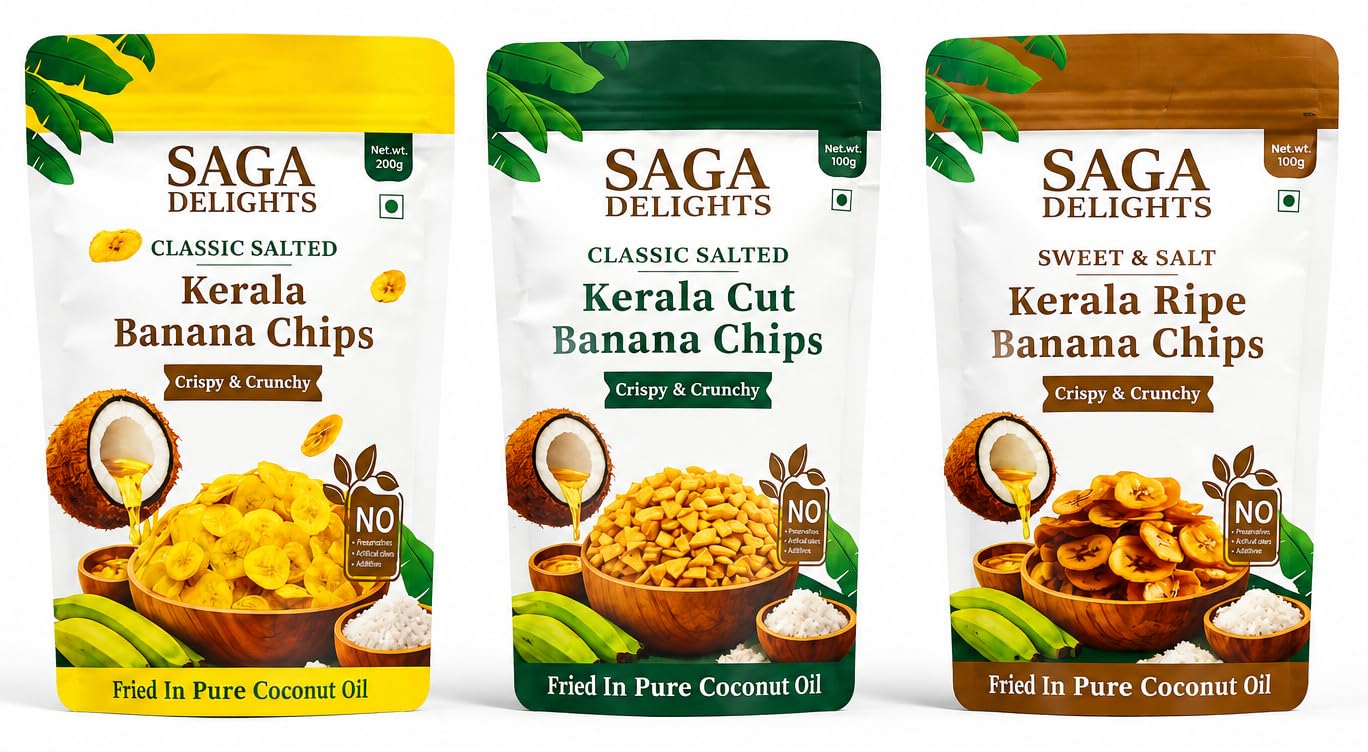 SAGA DELIGHTS Kerala Banana Chips, Crispy & Crunchy, Fried in Pure Coconut Oil, Classic Salted & Sweet and Salt (100g) Pack of 3-picture-41