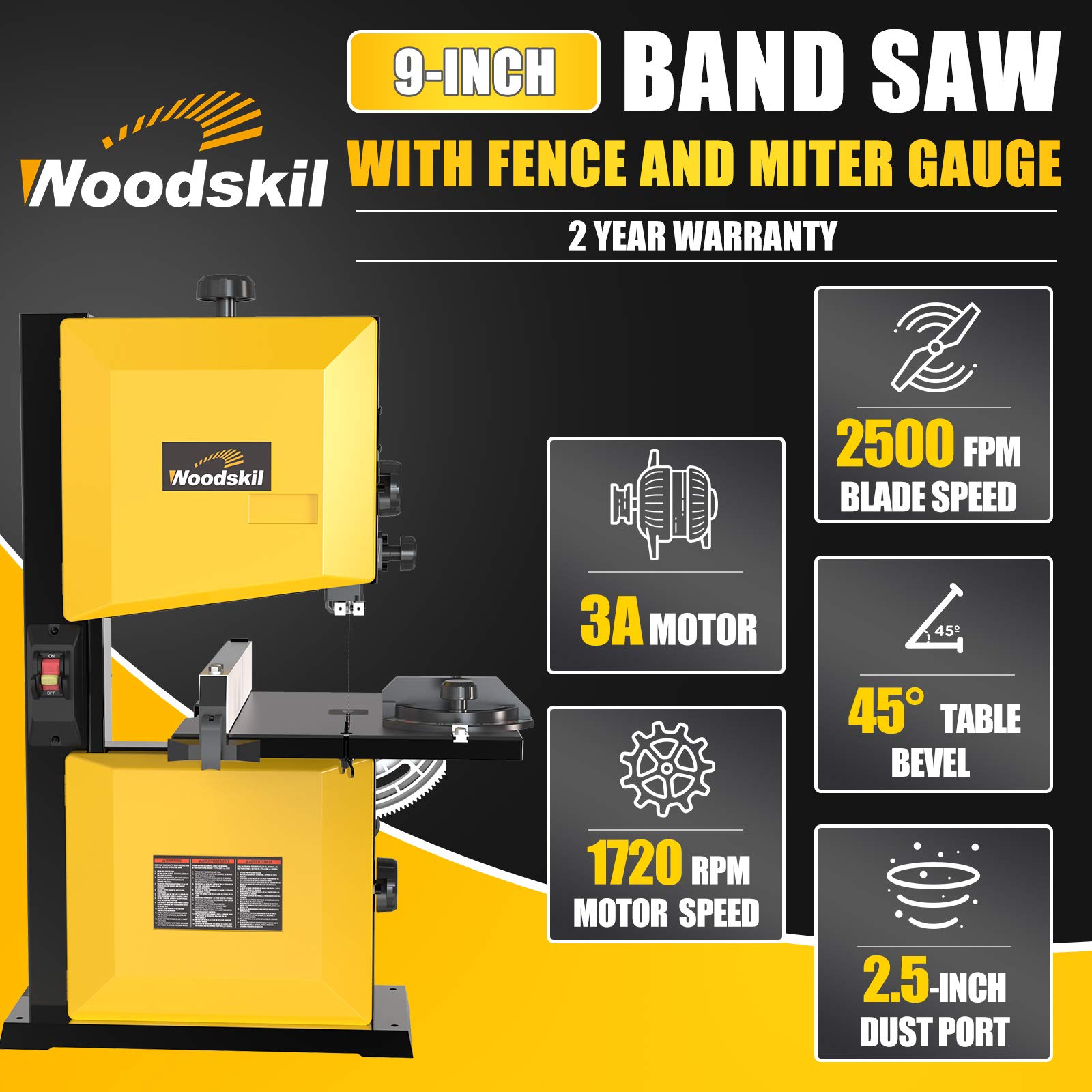 Woodskil 3A 9Inch Band Saw,2500FPM & 1720RPM Low Noise Induction Motor