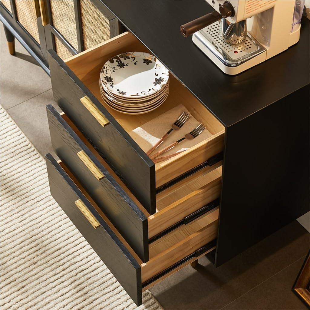 Küchenvorratsschrank Aufbewahrungsschrank aus massivem Rattan, Sideboard mit Schubladen, schwarzer Kaffeebarschrank, geeignet for Esszimmer, Küche, Eingangsbereich Buffetschrank Mit Stauraum