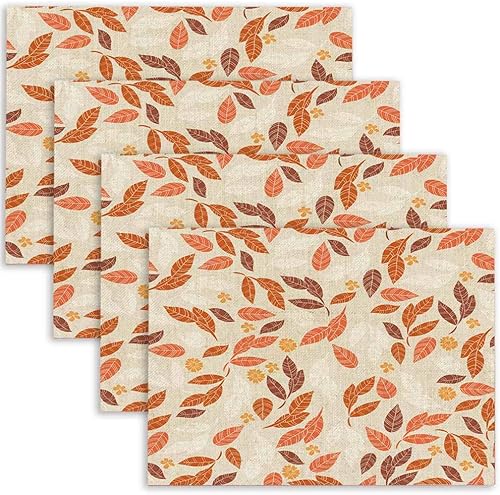 Juego de 4 manteles individuales de otoño naranja con hojas hermosas y flores elegantes, 18 x 12 pulgadas, fáciles de limpiar para comedor, cocina,