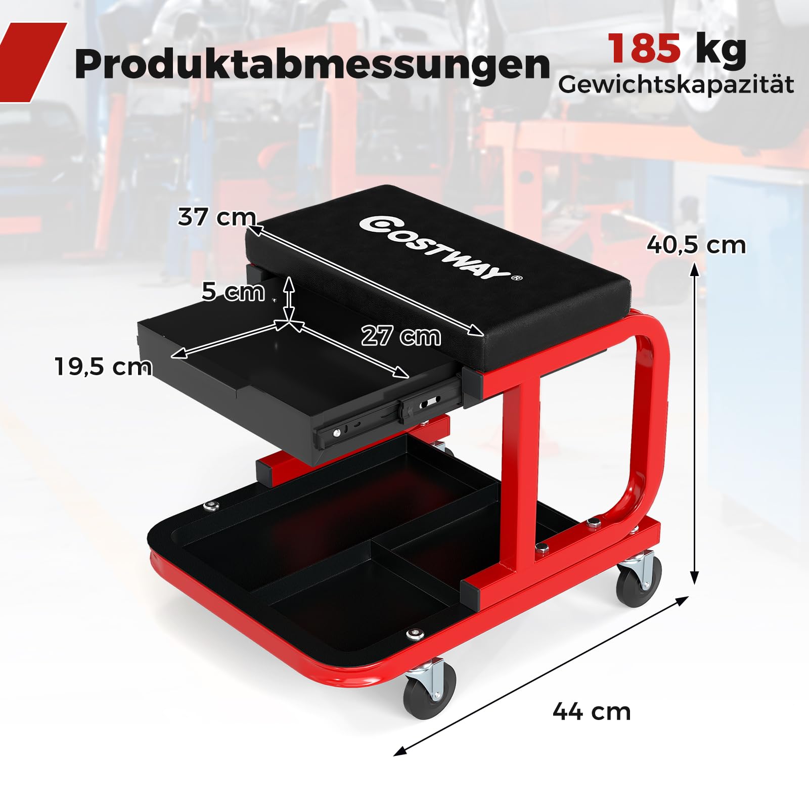 COSTWAY Werkstatthocker mit Rollen, Rollhocker bis 185 kg belastbar, Werkstatt Rollsitz mit Schublade & Ablage, Werkstattstuhl Montagehocker für Werkstatt & Garage (Schwarz)