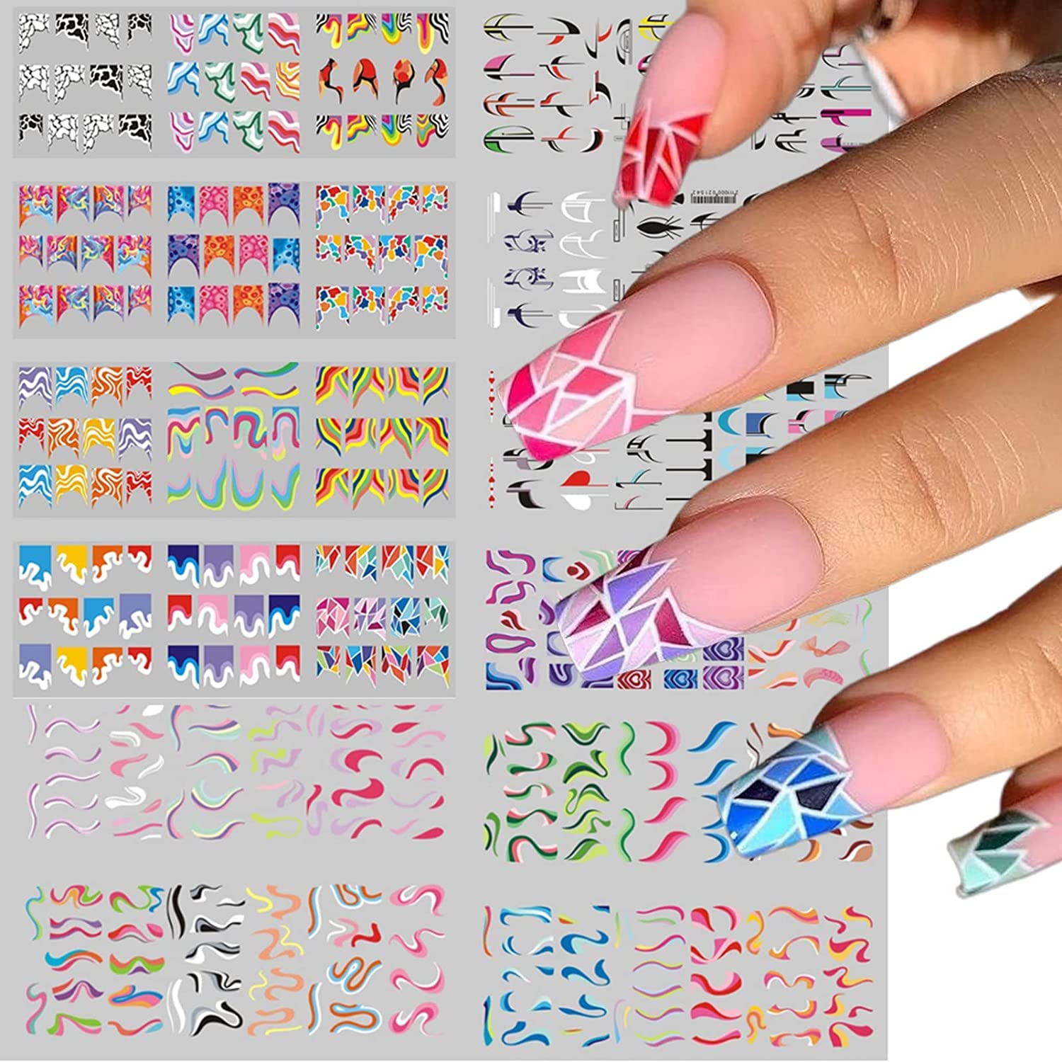 Azonee 36 Sheets Colorful Stripes Nail Art Stickers Water Transfer Nail Decals Rainbow Geometric Nail Stickers for Nail Art Decoration Watermark Nail Designs Accessories Acrylic Nail Supplies