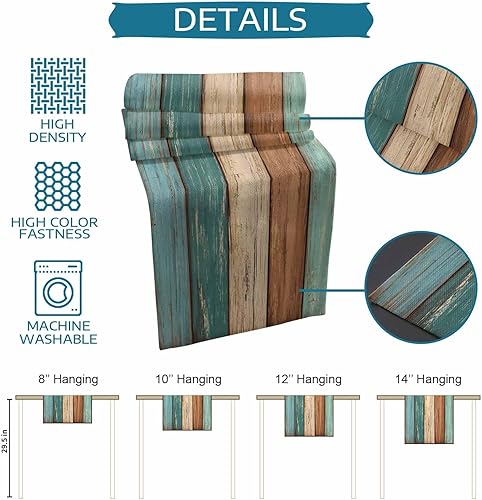 Miniatura 7 de Edwiinsa Camino de mesa retro de lino y algodón verde azulado geométrico rectangular, tapete de tocador, tablones de madera rústica, alfombra al