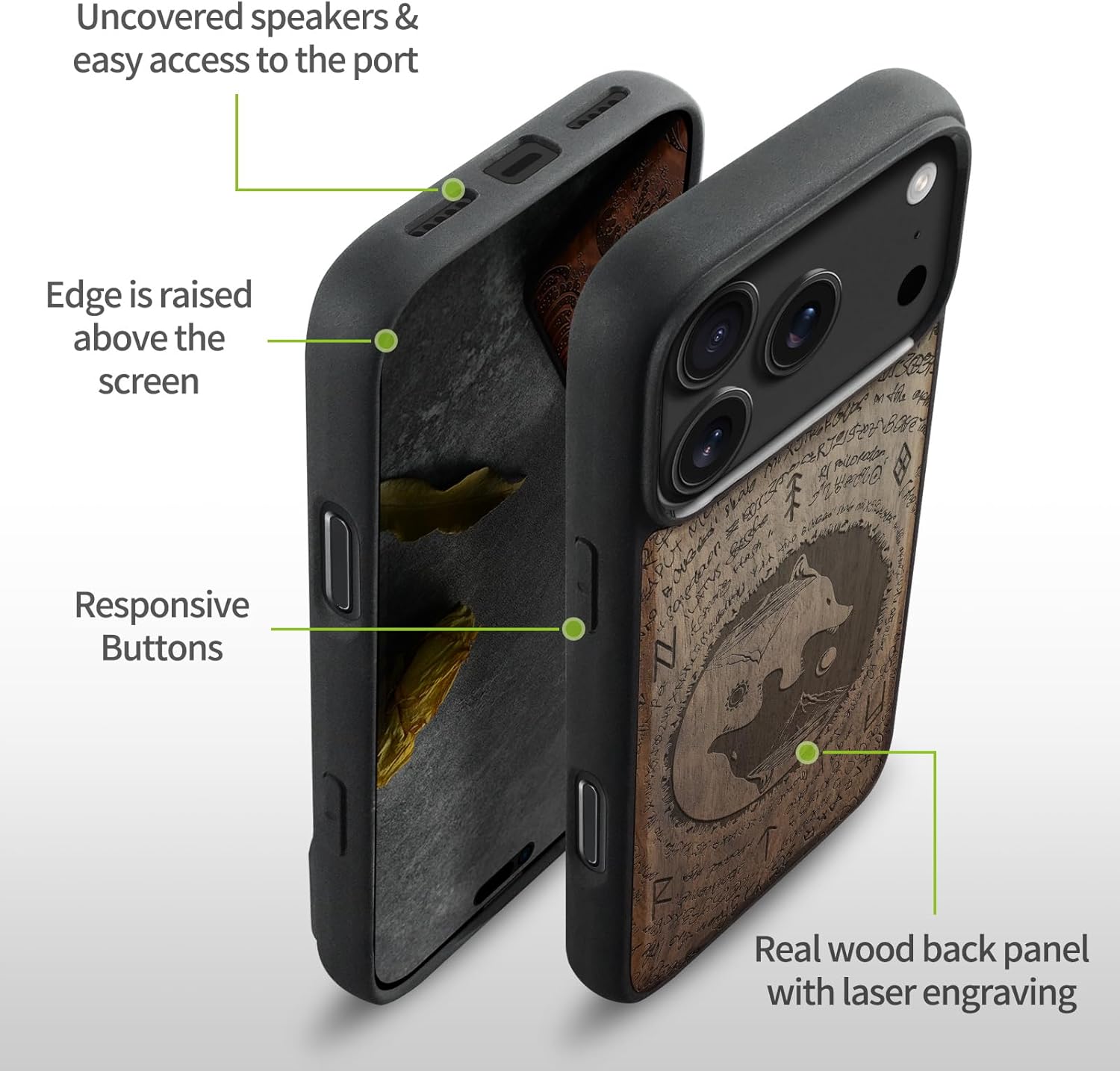 Carveit Magnetic Wooden Case for iPhone 17 Pro Max Case, Wood Artisan Engraved & Black Soft TPU Shockproof Cover, Compatible with MagSafe Wireless Chargers (Wolf of The Sun and Moon) Walnut
