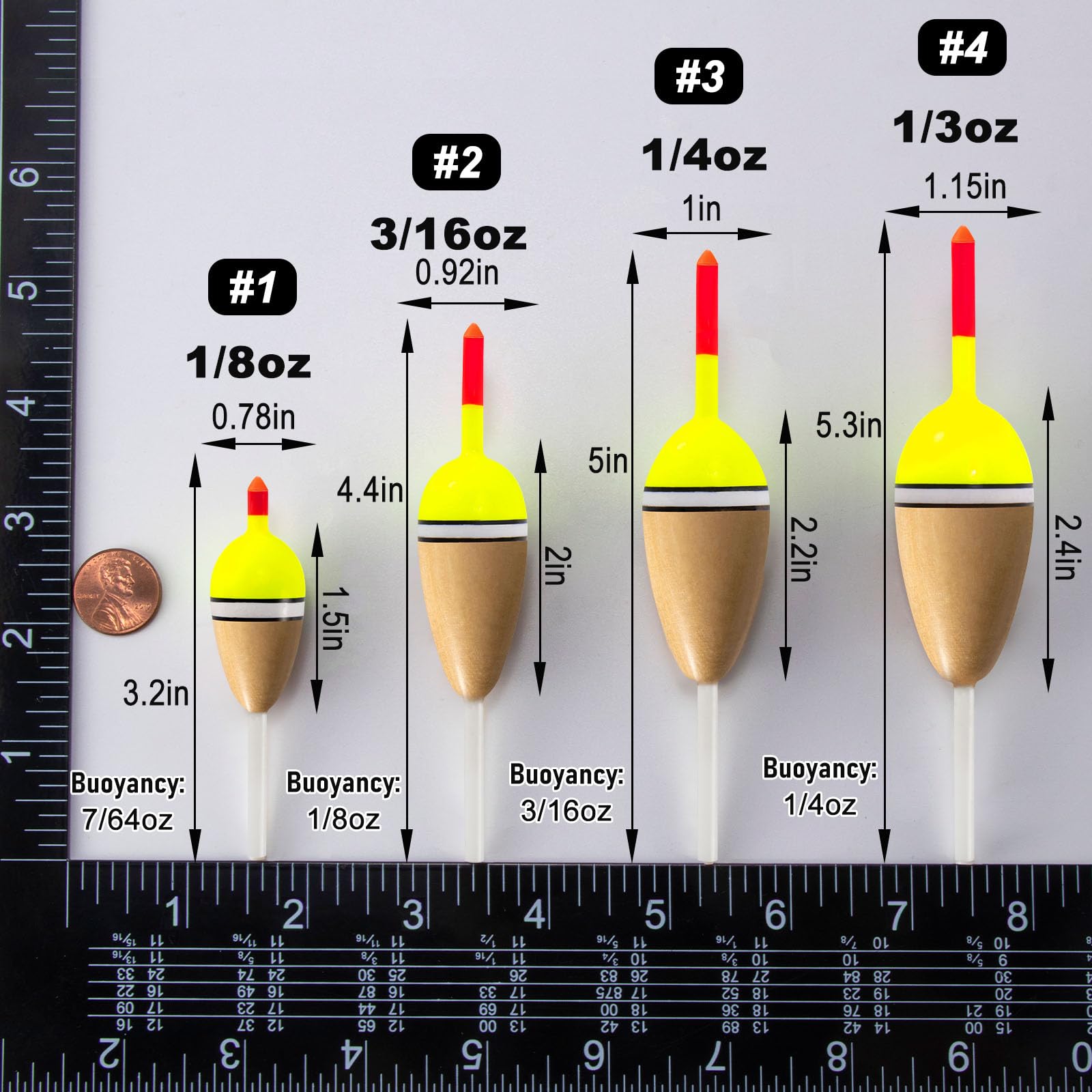 Alwonder 4-Pack Bobbers for Fishing. Buoyant Balsa Wood Body Slip Bobbers Floats, Oval High Sensitive Slip Bobber for Fishing Crappie Bluegills Trout Bass Panfish Catfish Walleyes 2.4in