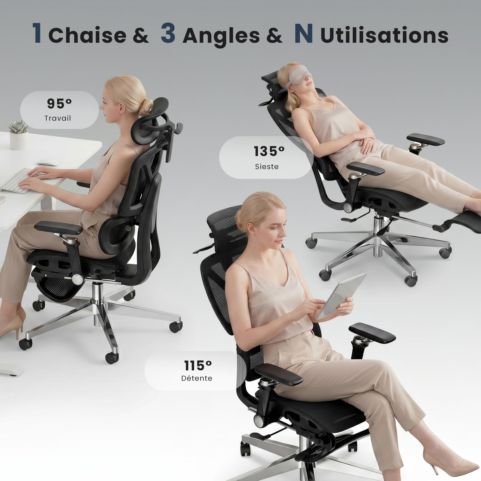 Chaise Bureau Ergonomique Accoudoirs 6D Soutien Lombaire Noir