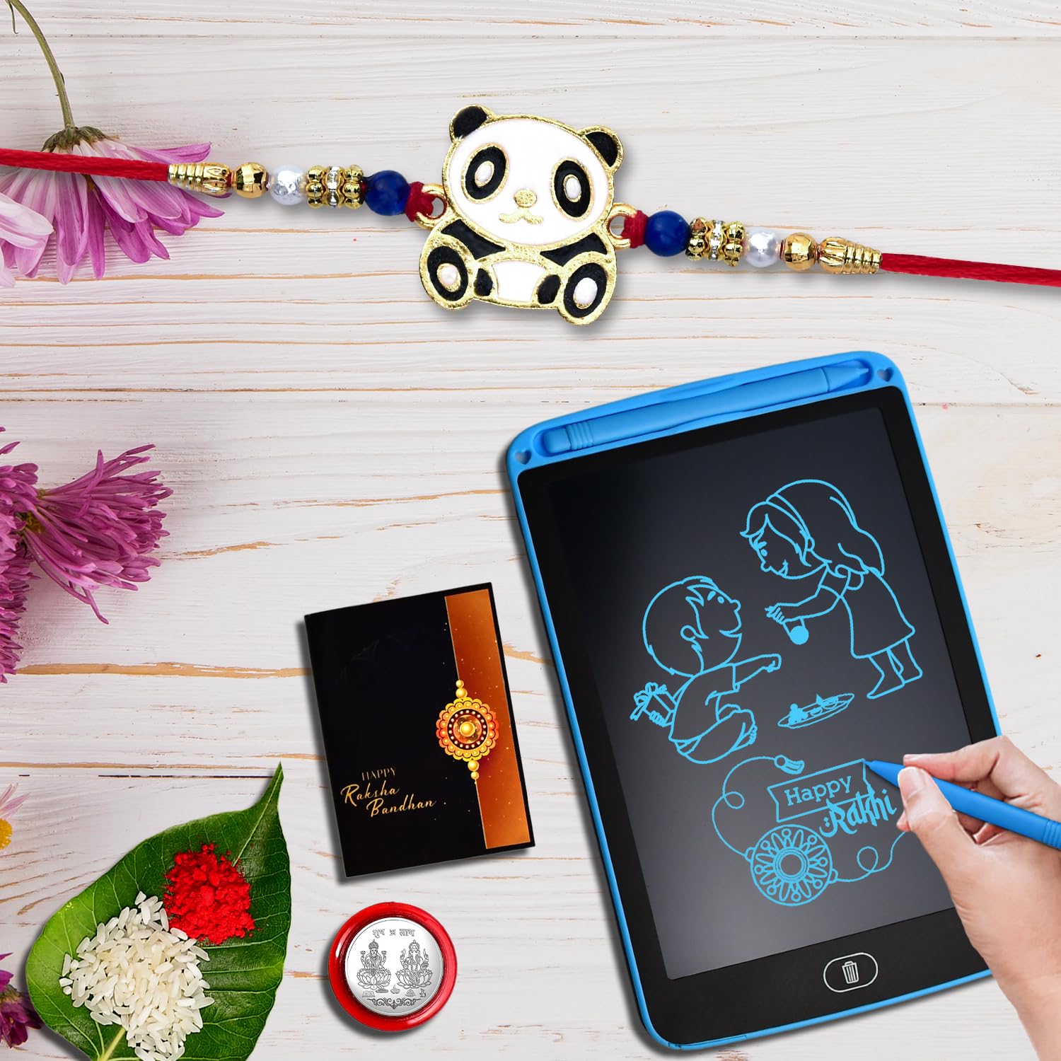 DeoDap (K1_260_1360) Multicolor Panda Rakhi Combo with LCD Writing Pad/Tablet for Kids, Silver Color Pooja Coin & Greeting Card | Occasion | Rakhi for brother with gift |new Rakhi collection | rakhi combo for brother | Fancy Rakhi for brother | Set o (B0B51H5FM5) Amazon Price History, Amazon Price Tracker