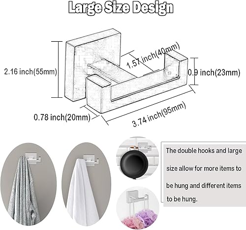 Miniatura 5 de BOZWELL Ganchos dobles para toallas para baño, montaje en pared de níquel castrado, estilo cuadrado simple y moderno, gancho para bata y abrigo,