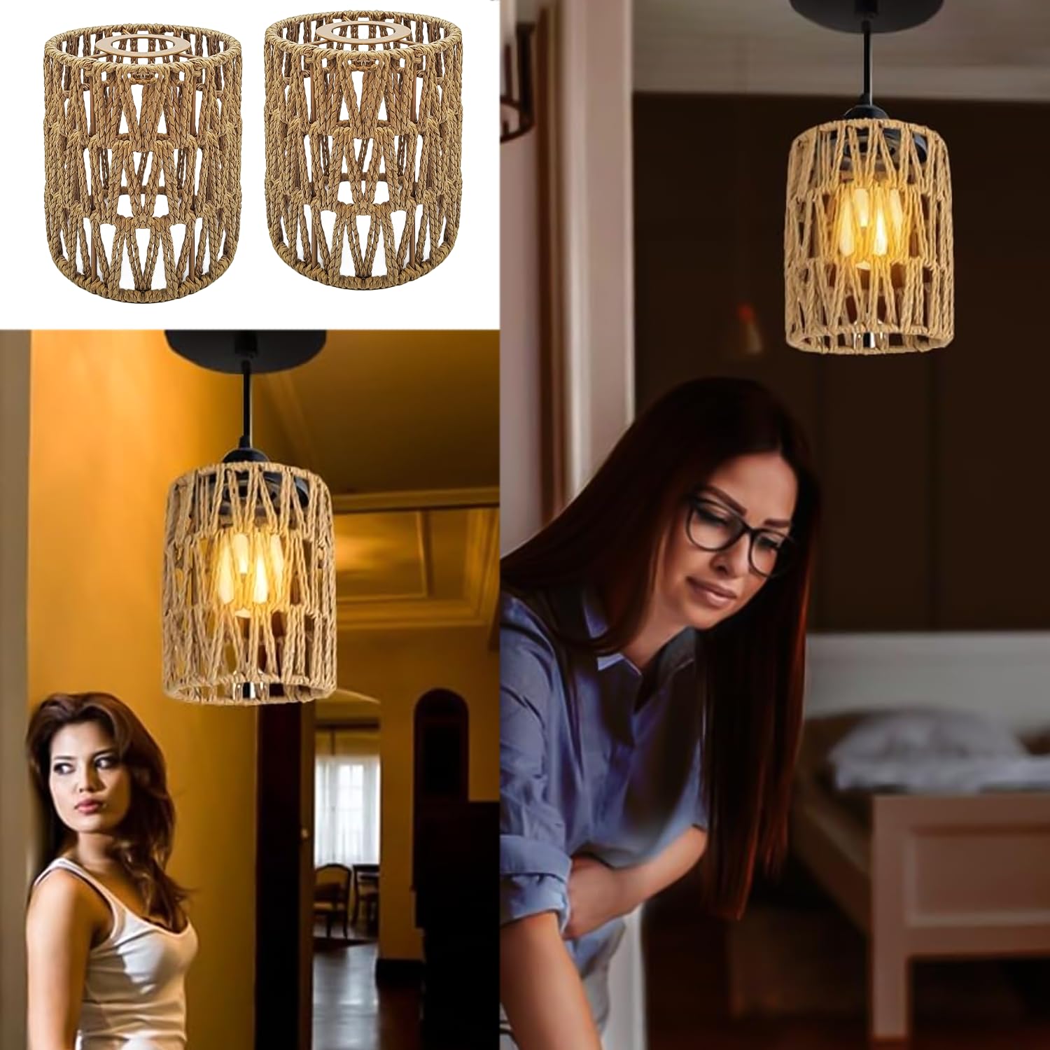 Paralume a sospensione effetto rattan, 2 pezzi, stile boho retrò, copertura per lampade a sospensione, accessori per sala da pranzo, soggiorno in beige