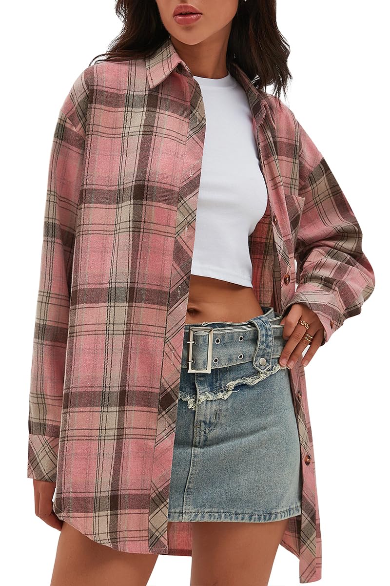 CHYRII Womens Button Down Flannel Shirts Long Sleeve Plaid Shackets Business Casual Blouse Top: Medium Dust Pink