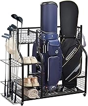WestWood Golf Storage Rack Extra Large Metal Golf Bag Stand Holder All-in-1 Golf Club Organiser W/Lockable Wheels Hanging Hooks for Garage, Home, Golfhouse Black