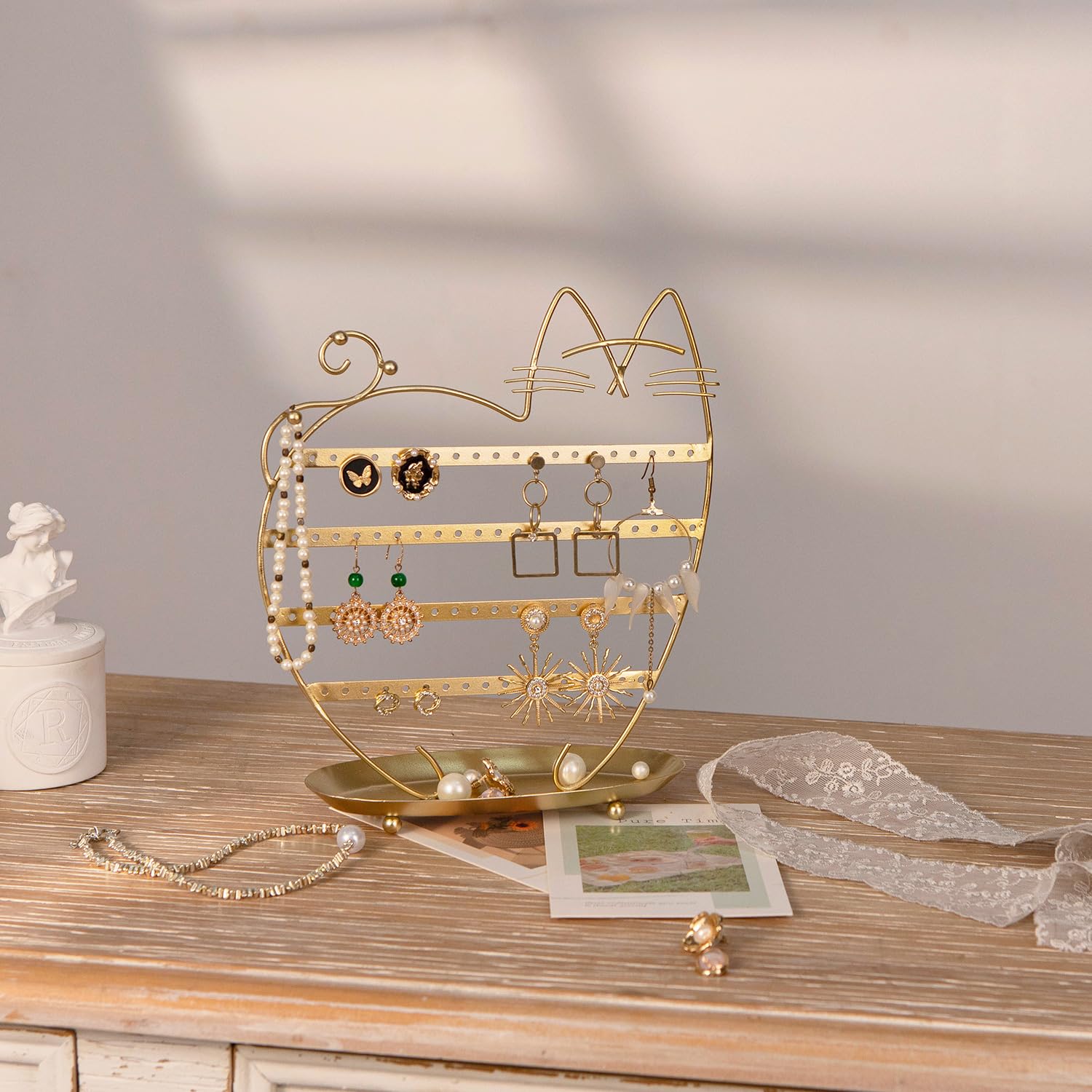 NIKKY HOME Katzen-Ohrringhalter zum Aufhängen, Metall, Schmuckbaum, Tischplatte, Ohrstecker-Halter, Turm mit Ringablage und Haken für Mädchen (80 Löcher), Gold