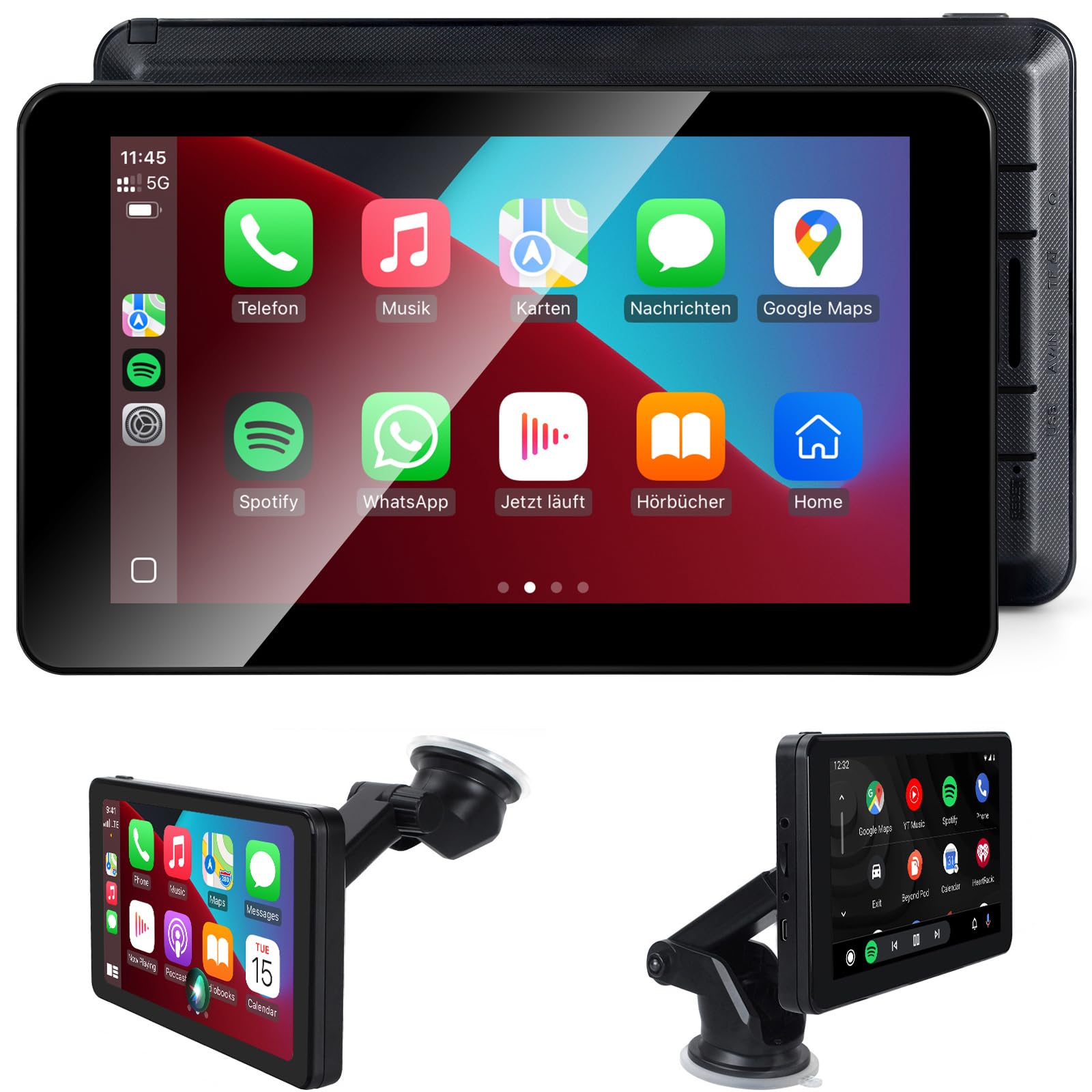 Aonerex Tragbare CarPlay Display, Wireless Android Auto Monitor, IPS Touchscreen Bildschirm mit Bluetooth-Freisprecheinrichtung, Siri, Sprachassistent, Live-Navigation, MirrorLink, FM, AUX (7 Zoll)