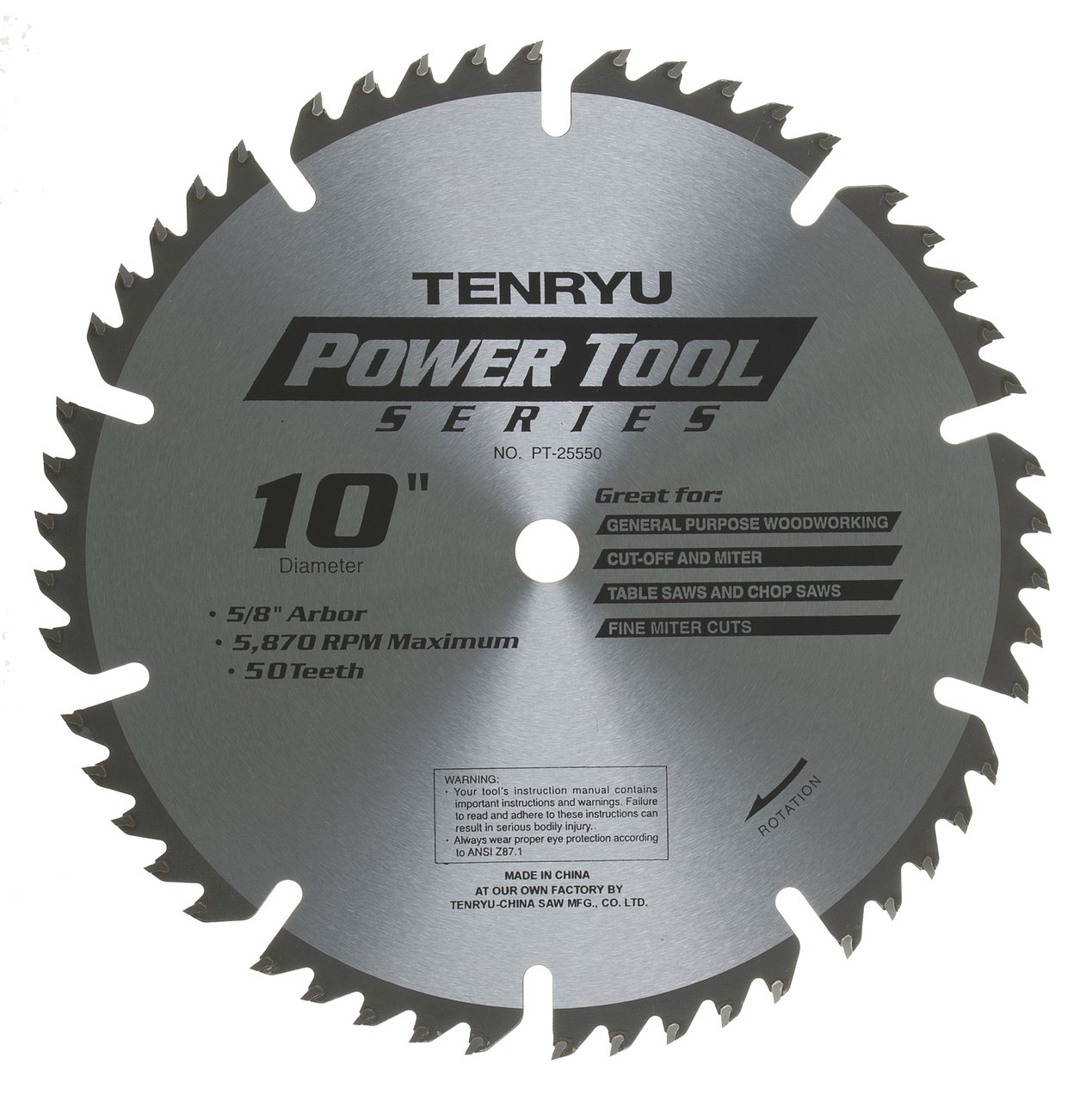 Tenryu PT-25550 10" Carbide Tipped Saw Blade (50 Tooth ATAF Grind - 5/8" Arbor - 0.091 Kerf)