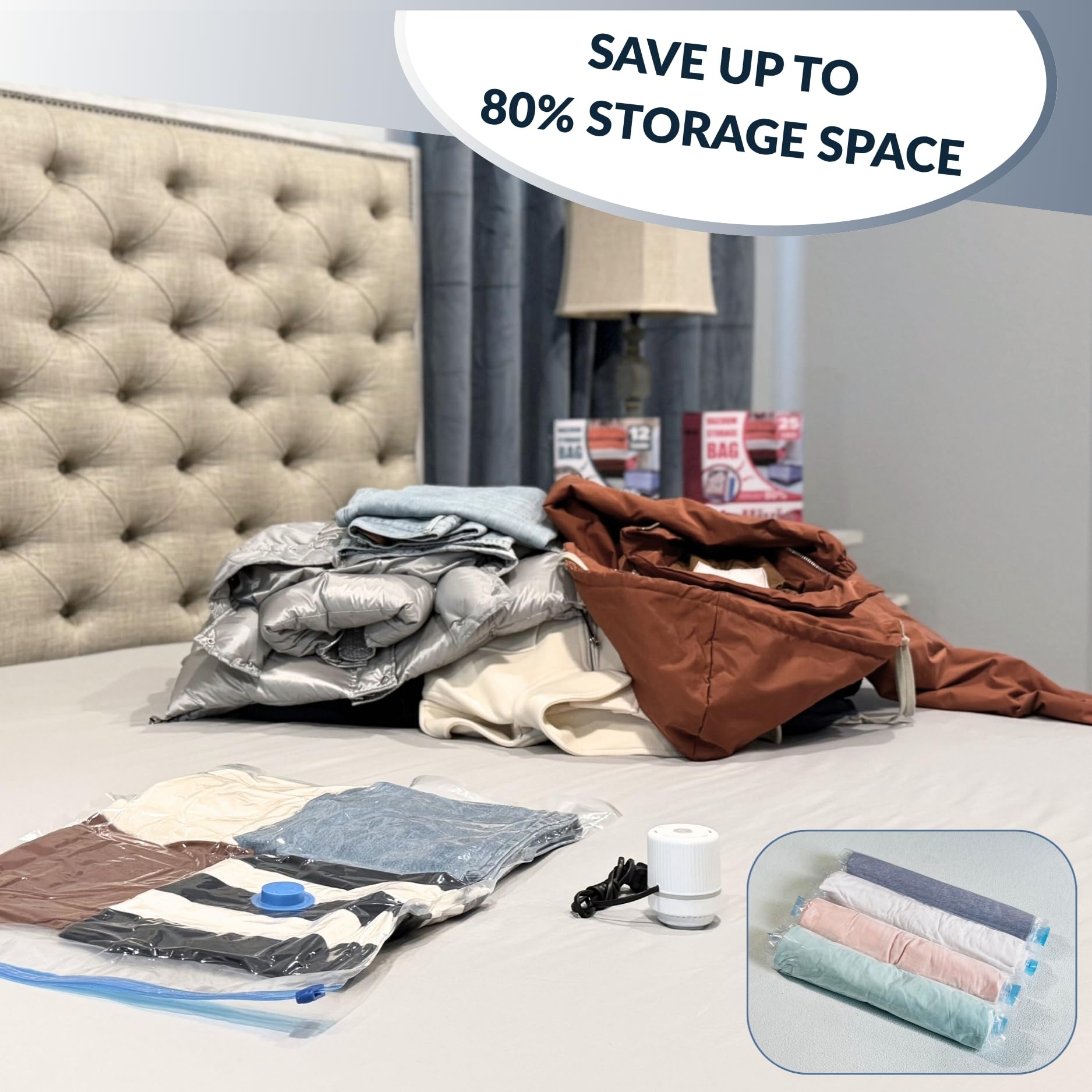Confezione da 35 sacchetti sottovuoto con pompa elettrica, salvaspazio a compressione, per trapunte, biancheria da letto, coperte, sacchetti sottovuoto per vestiti, bagagli e armadi, pompa