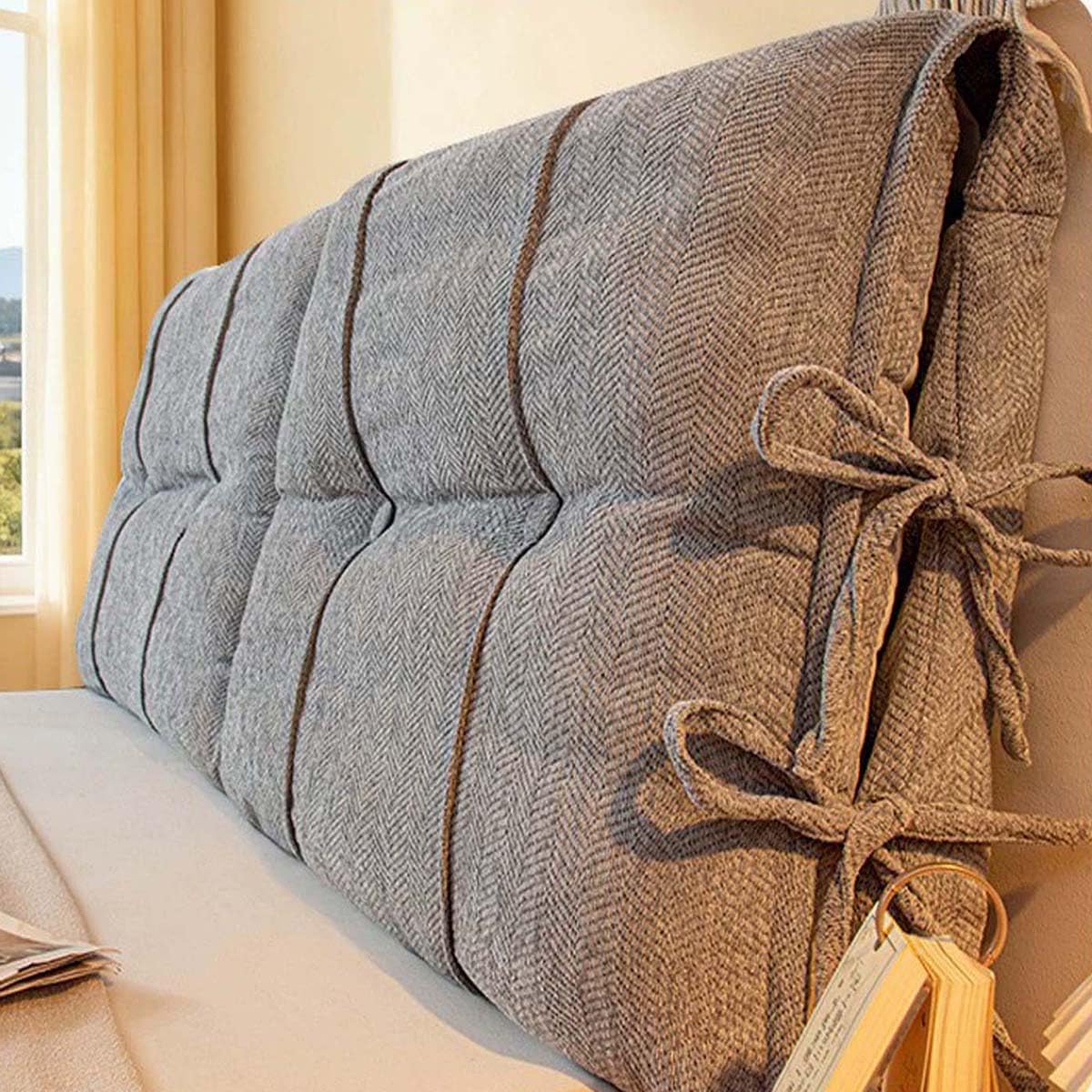 Housse de tête de lit avec coussin en mousse et attaches (150 x 60 x 10 cm, gris) | Coussin de tête de lit confortable pour lit king size, queen size, double, simple, cadre en métal
