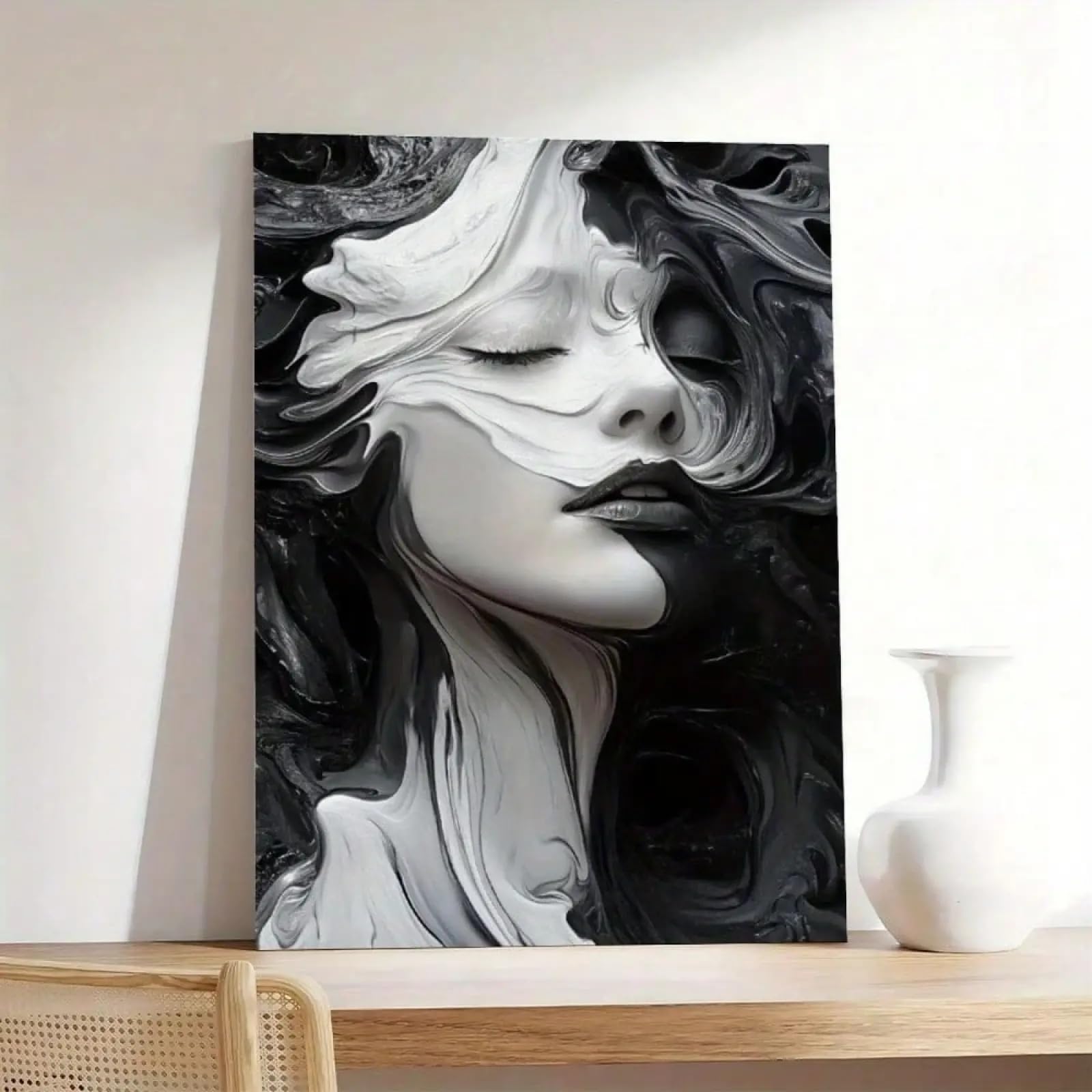 Toile abstraite visage fluide : la solution déco rétro noir et blanc sans cadre 70x110 - 8
