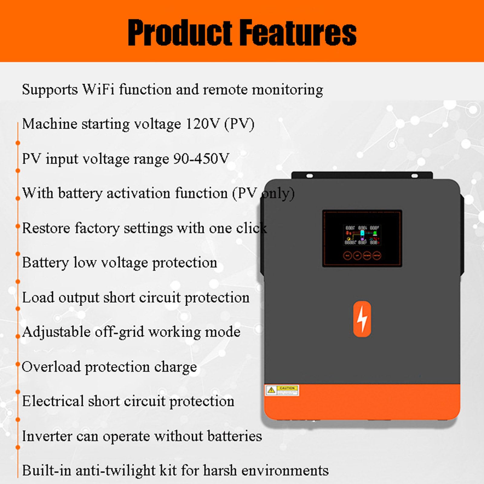 Hybrydowy falownik solarny 4200 W/6200 W MPPT 120 A, czysta fala sinusoidalna, 220 V/230 V, konwerter poza siecią, do domów i kamperów (6.2KW)