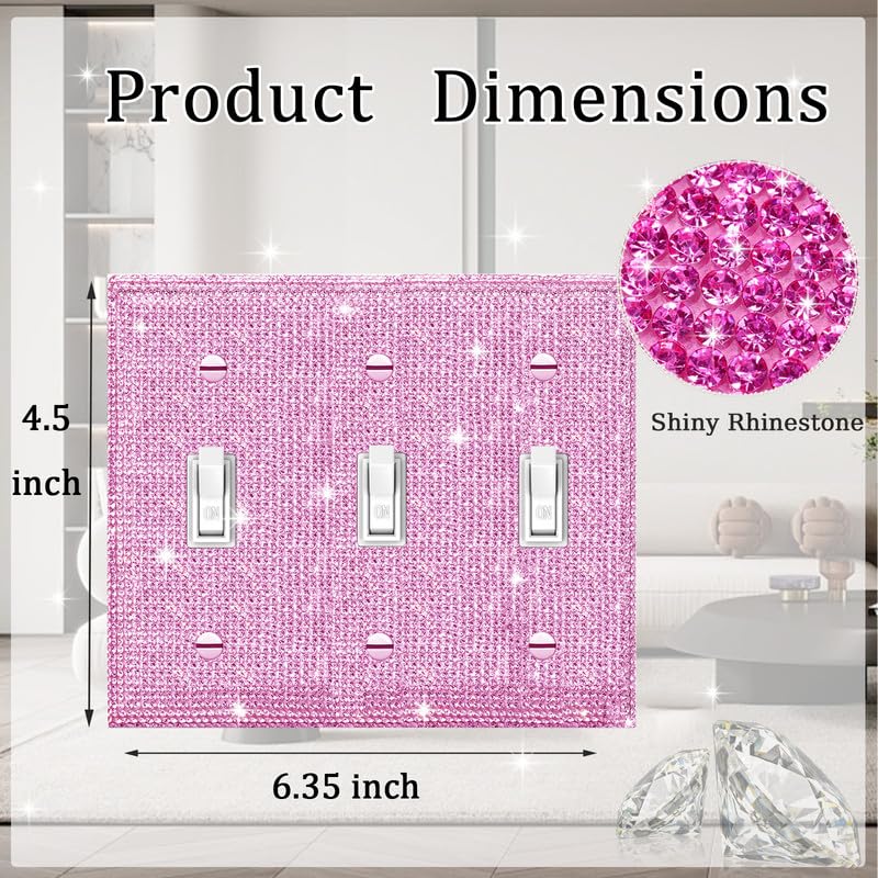 Image of Shiny Pink Rhinestones Wall Plate Cover Triple Toggle Light Switch Cover Durable Double Rhinestones Outlet Covers Wall Plate Decorative
