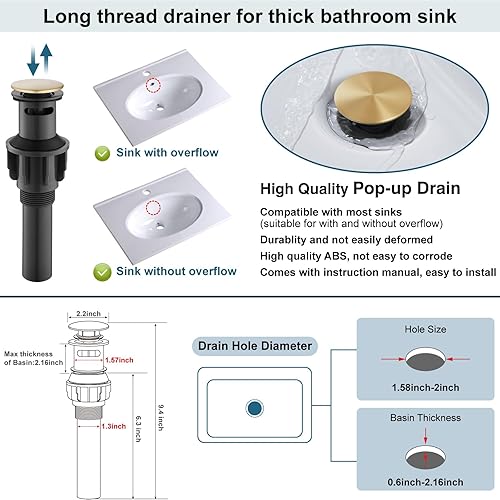 Miniatura 6 de Midanya Grifo para lavabo de baño en cascada de níquel cepillado, 1 mango, montaje en cubierta, 1 o 3 agujeros, grifo mezclador Morden con placa de