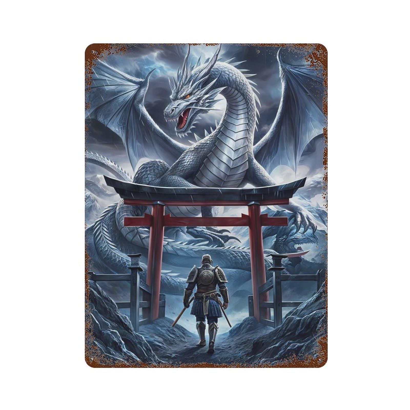 Dragon And Soldier Torii 15.7"x11.8" Rustic Tin Plaque, Novelty Wall Decor for Living Room, Hallway And Home Decor