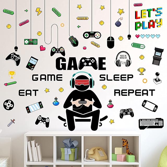 Gaming Wall Stickers Video Game Zone Wall Decals Removable Gamer Room Wall Decor Peel and Stick for Boys Kids Bedroom Playroom