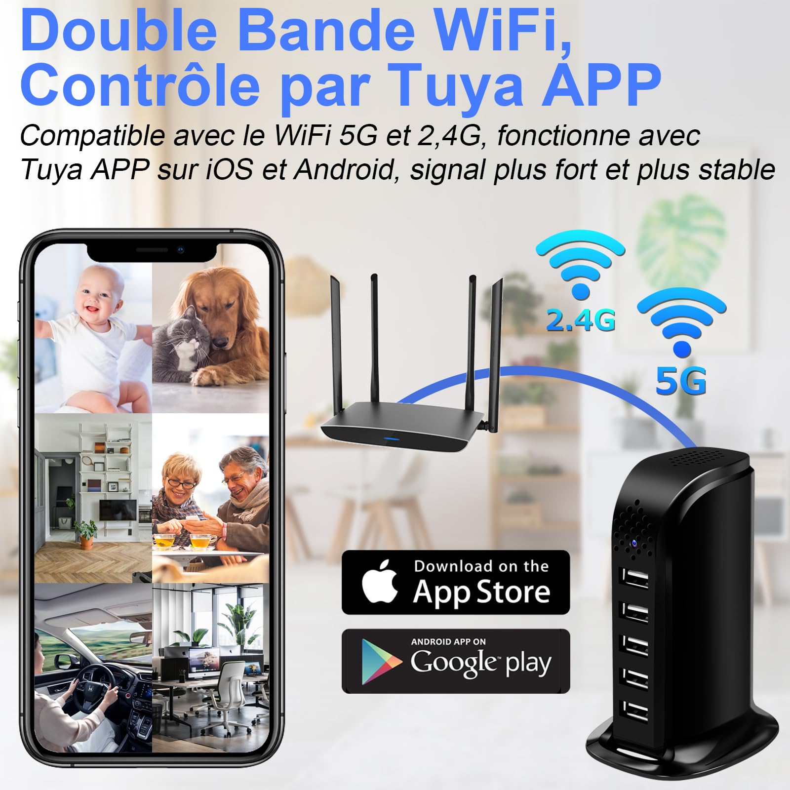 Caméra Espion WiFi 5G/2,4G, Mini Camera Cachée Station de Charge Sans Fil | Micro Camera Surveillance Discrete a Distance 1080P HD, Détection de Mouvement Intérieur pour Maison Bureau, 5 ports USB
