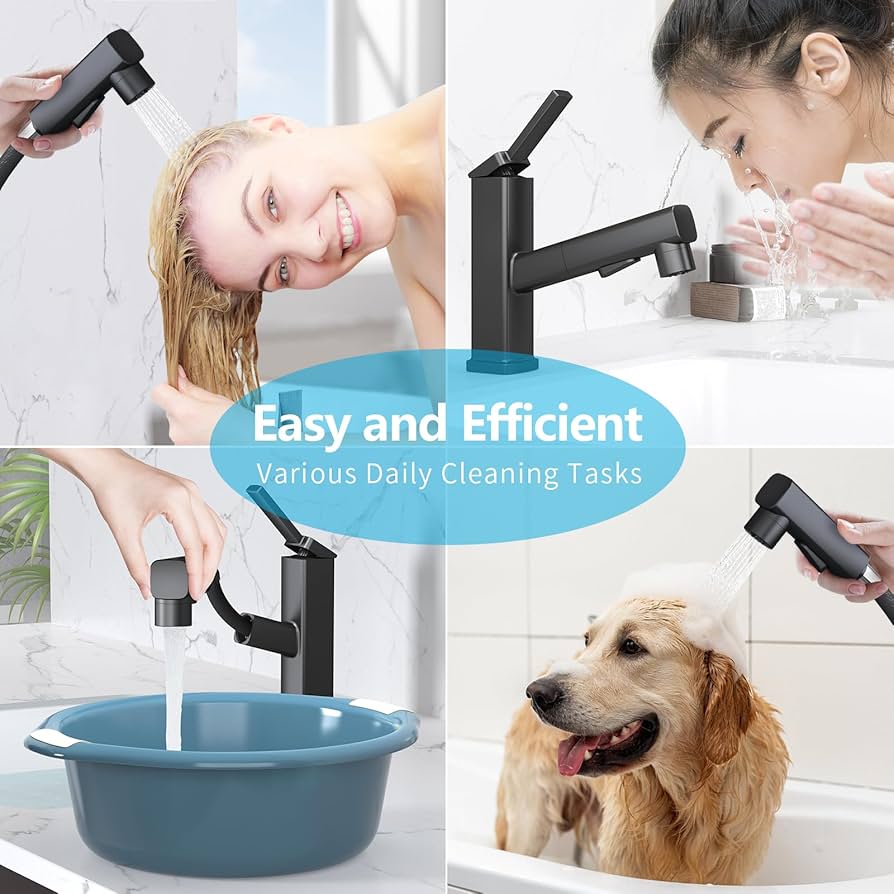 MIAOHUI Pull Out Single Hole Bathroom Faucet, 3 Spray Mode