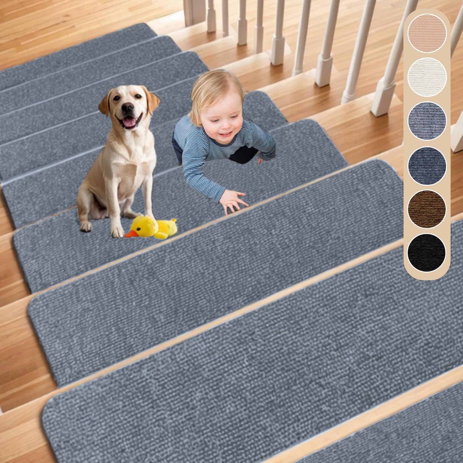 Cnwinu 15PCS Stair Treads Mats,Self-Adhesive Stair Runner Carpet for Staircases,60x20cm Stair Carpet Treads,Non-Slip Stair Mats for Indoor Steps,Stair Covers for Children,Elders and Pets(Light Grey)