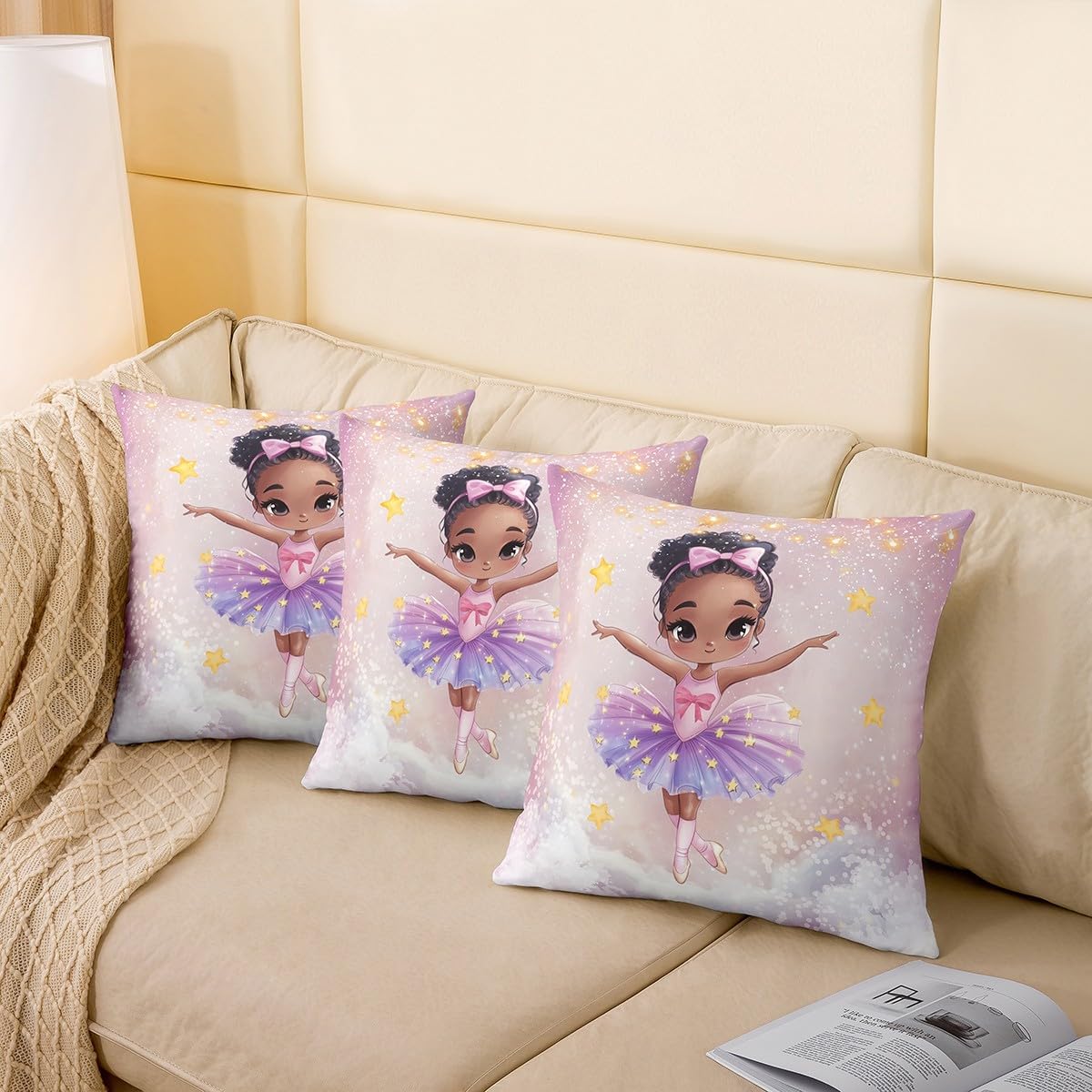 Homewish Cartoon Ballet Dancer Girl Pillow Cover Cute Yellow Stars Pink Bowknot Pillow Case for Kids Girls Teens Gradient Purple Ballet Dress Cushion Cover for Bed Sofa Chairs 24x24 Inch