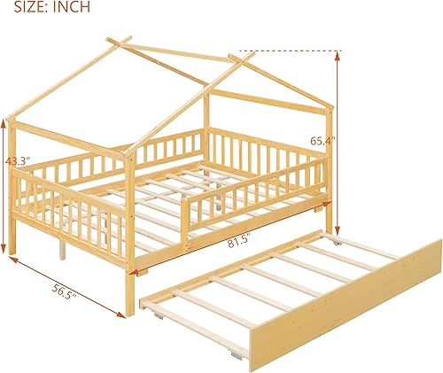 Miniatura 81 de Bellemave Cama de casa tamaño matrimonial con barandillas de valla, marco de cama de madera estilo Montessori para niños, divertidas camas de casa