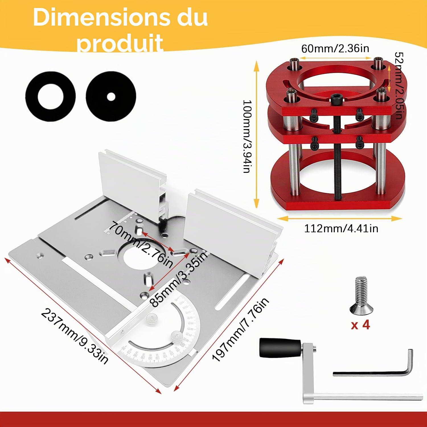 Kit défonceuse Sur Table Aluminium, 65 mm De DiamèTre Défonceuse Sous Table Routeur Lift, Table Défonceuse Kit pour Rainures Et Bordures De Table (Argent + Rouge)