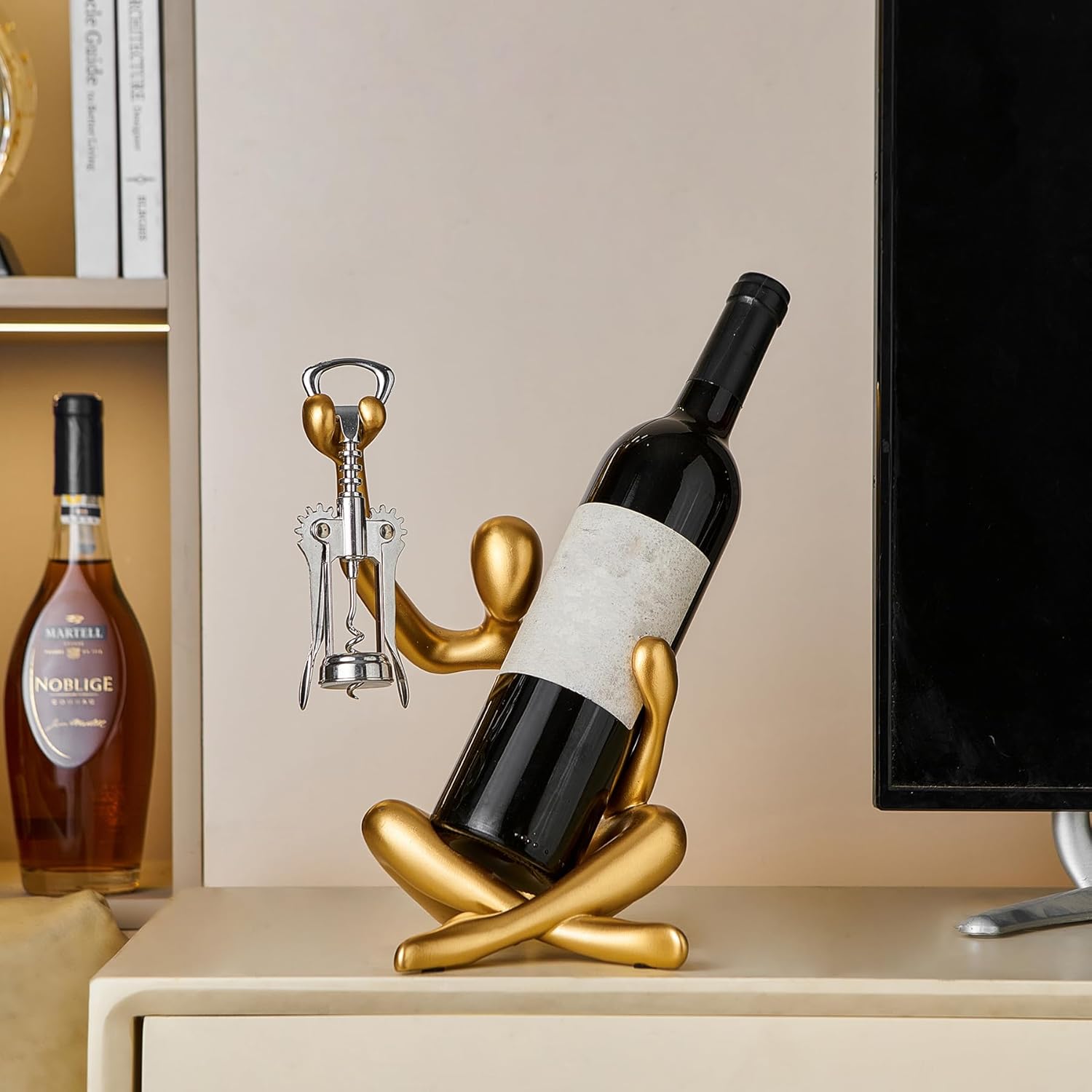 Thinker Statue Wine Rack, Gold Modern Rack for Kitchen Table Decor, Single Wine Bottle Holder Countertop for Bar, Small Bottle Holder Rack