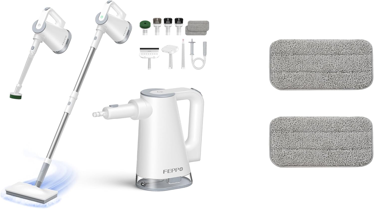 FEPPO 2-in-1 Steam Mop & Handheld Cleaner Bundle with 10-in-1 Accessories & 4 Washable Pads (Includes 2 Extra Pads) - 1300W Powerful Steamer for Floors, Hardwood, Tile, Grout, Windows, Kitchen, Bath