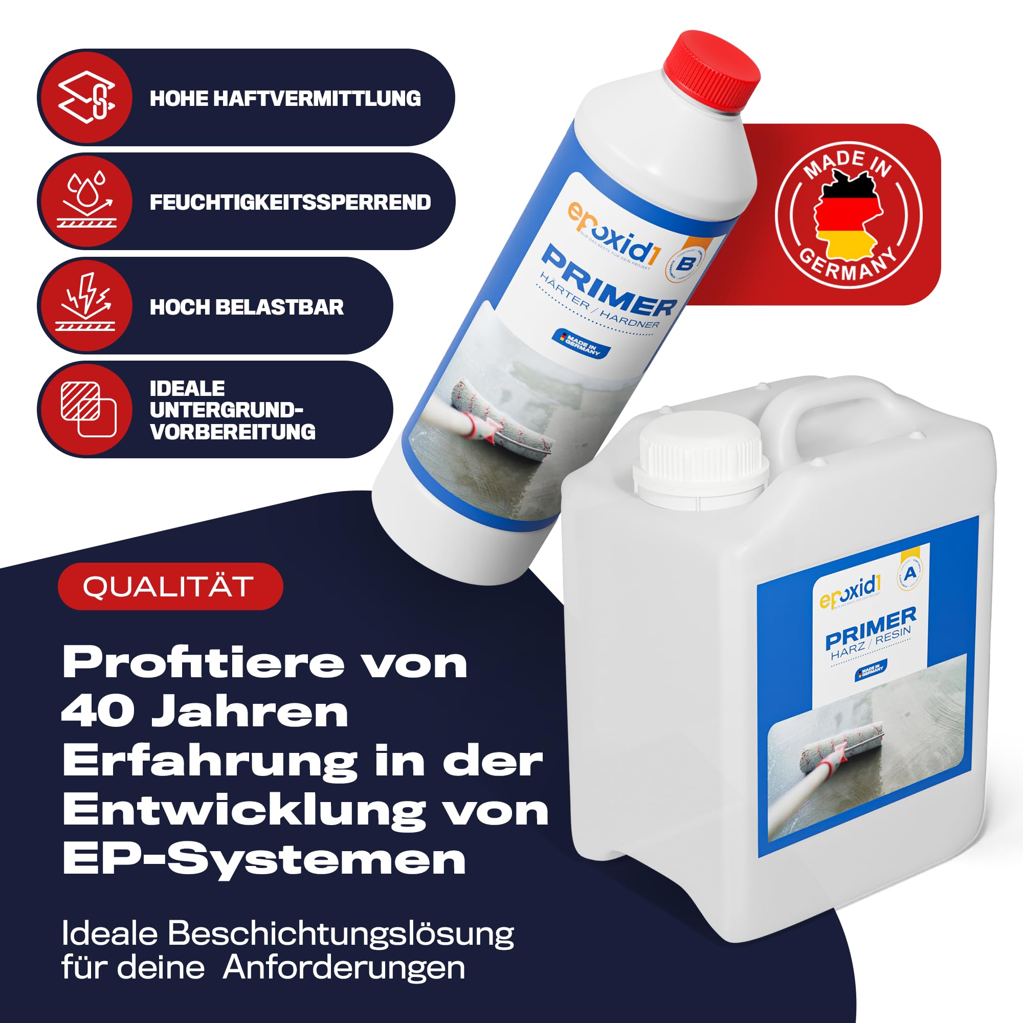Epoxidharz mit Härter EP-Grundierung - Epoxy Primer, Haftgrund für Bodenbeschichtung, Garage, Werkstatt & Keller, Spezialgrundierung - 2K Epoxid-Harz für Fußboden (~5m² (1.5kg))