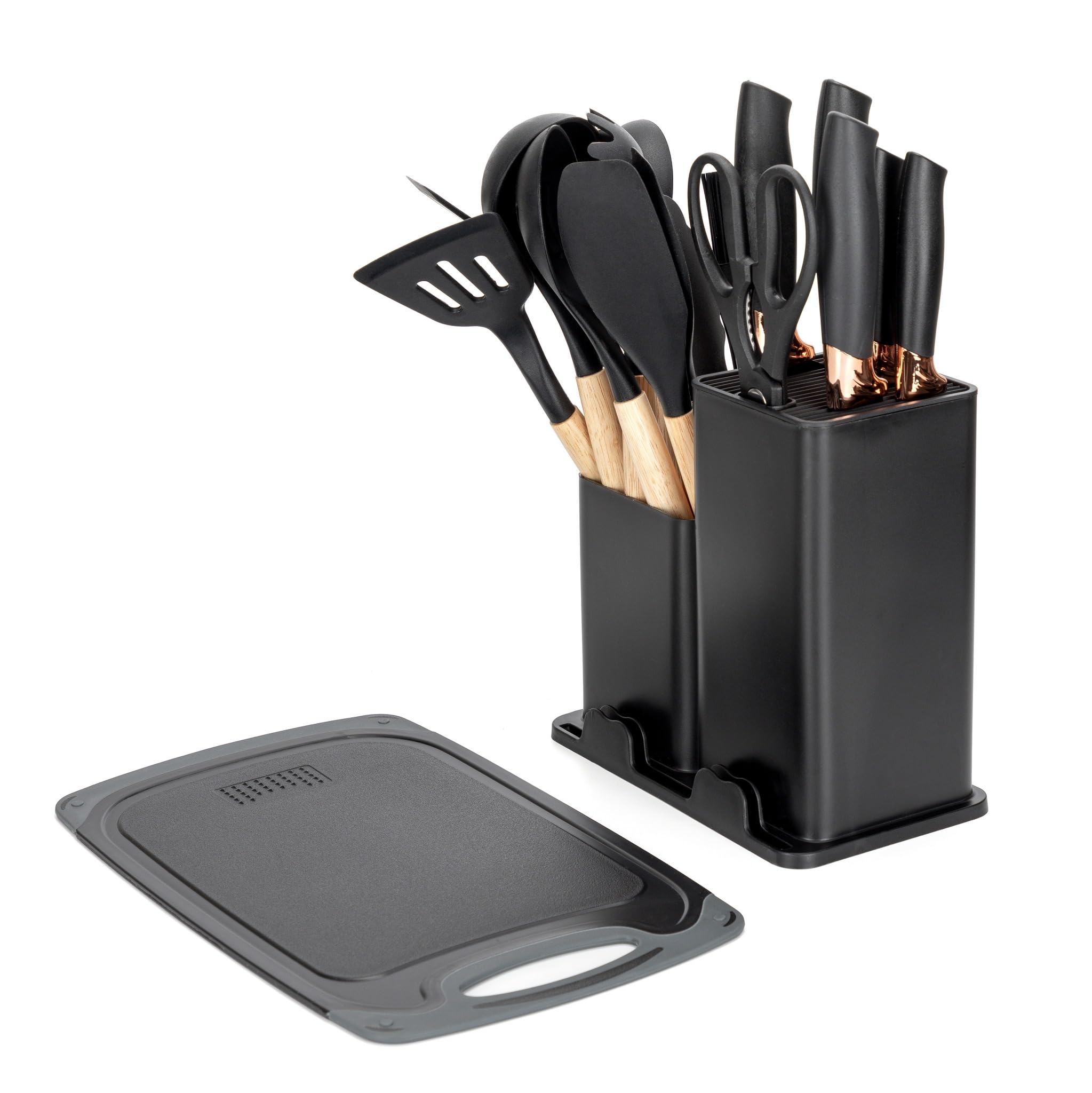 EliteHoff Keukenmessenset, 19-delig, siliconen keukengerei met houten handgrepen, 5 messen, 12 keukenaccessoires, snijplank en standaard, PFOA- vrij, vaatwasmachinebestendig (E-6074