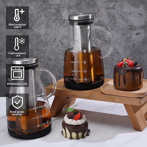 Miniatura 6 de Mifoci 2 piezas de cafetera fría de 32 onzas de vidrio helado con tapa de acero inoxidable y filtro extraíble, jarra de almacenamiento de cerveza