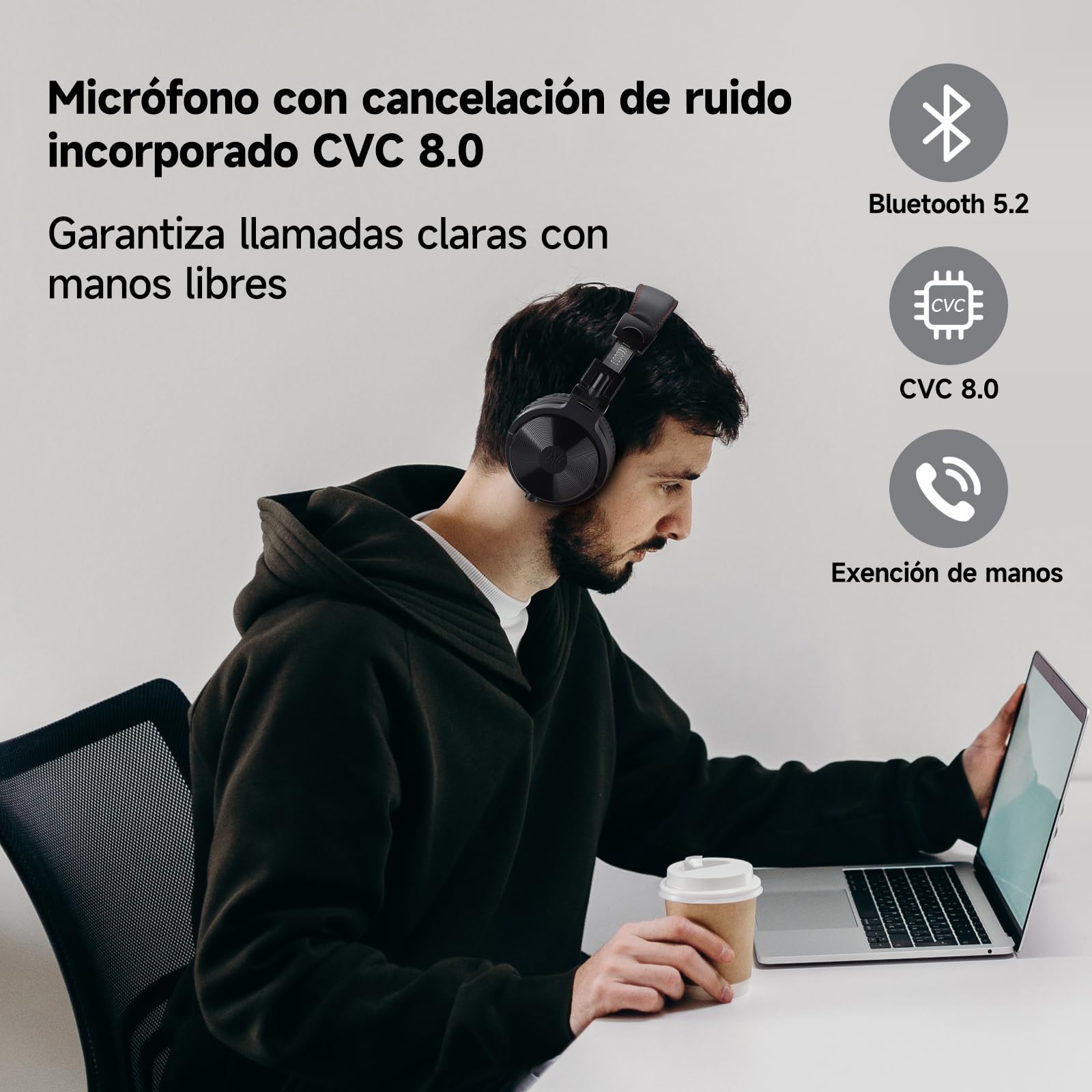 OneOdio Auricurales Bluetooth Inalámbricos 110H, Auriculares HiFi de 50mm Altavoz con Micrófono CVC 8.0, Auriculares con Cable para Móvil PC Portátil, Orejeras Proteicas 90° Ajustable para DJ